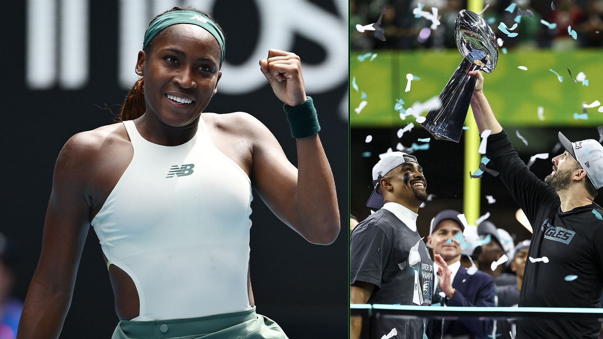 Coco Gauff (L) and the Philadelphia Eagles celebrate their NFL Super Bowl triumph (R). Source: Getty