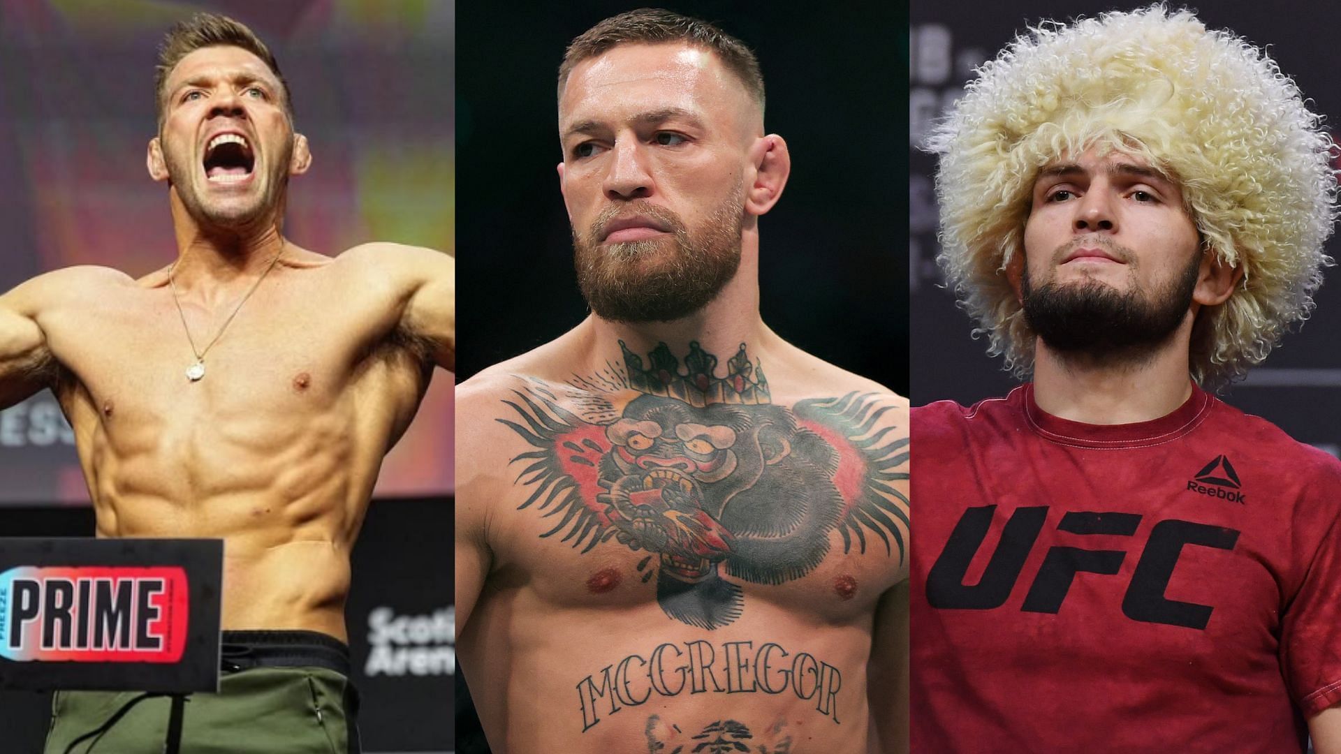 When Dricus du Plessis (left) speculated which version of Conor McGregor (center) would have defeated Khabib Nurmagomedov (right) [Images courtesy of @dricusduplessis on Instagram &amp; Getty Images]