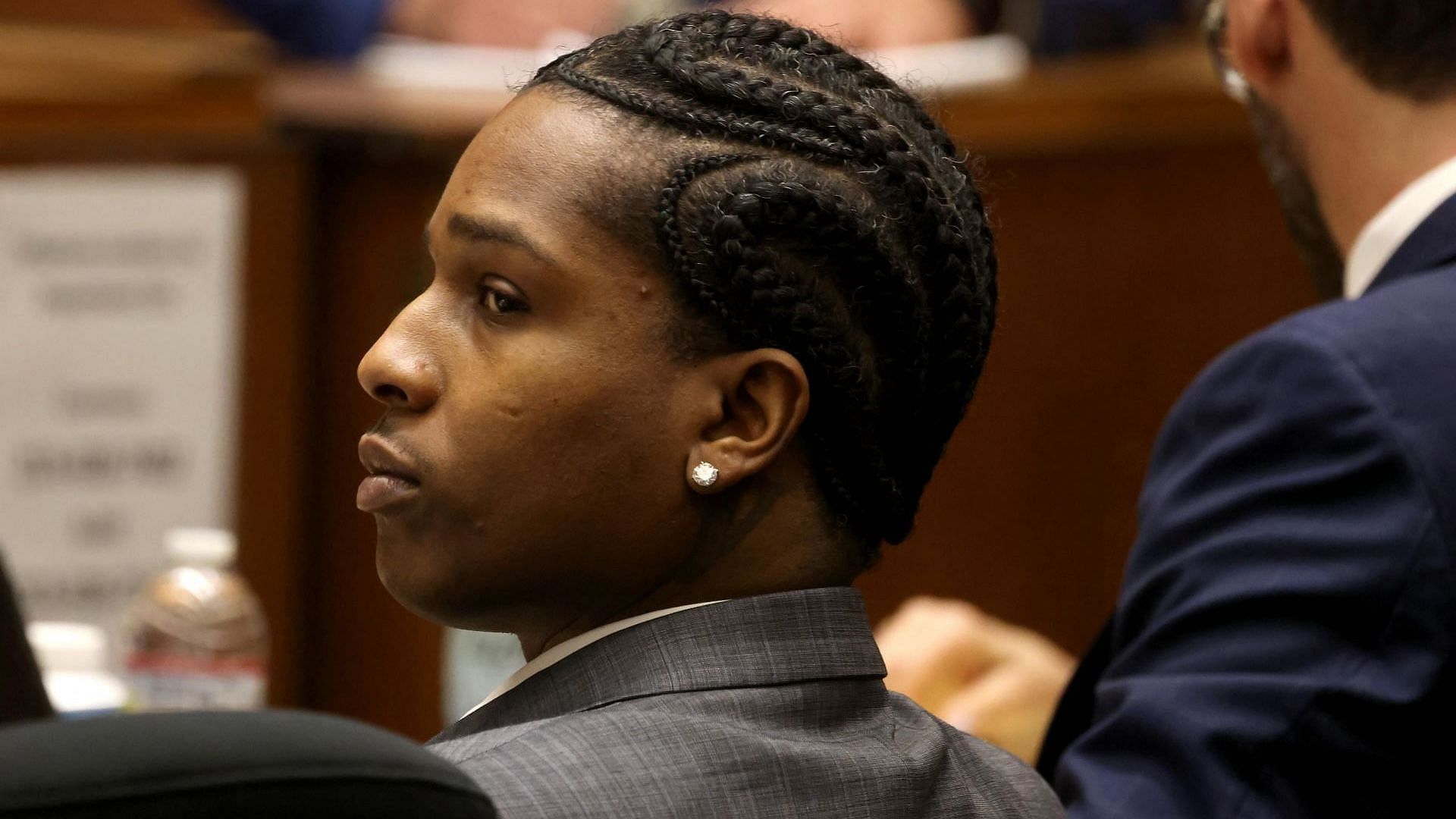 Rakim Mayers, a.k.a. A$AP Rocky, listens to opening remarks in his trial in Dept. 102 at the Clara Shortridge Foltz Criminal Justice Center in downtown Los Angeles on January 24, 2025. (Image via Getty/ Genaro Molina)