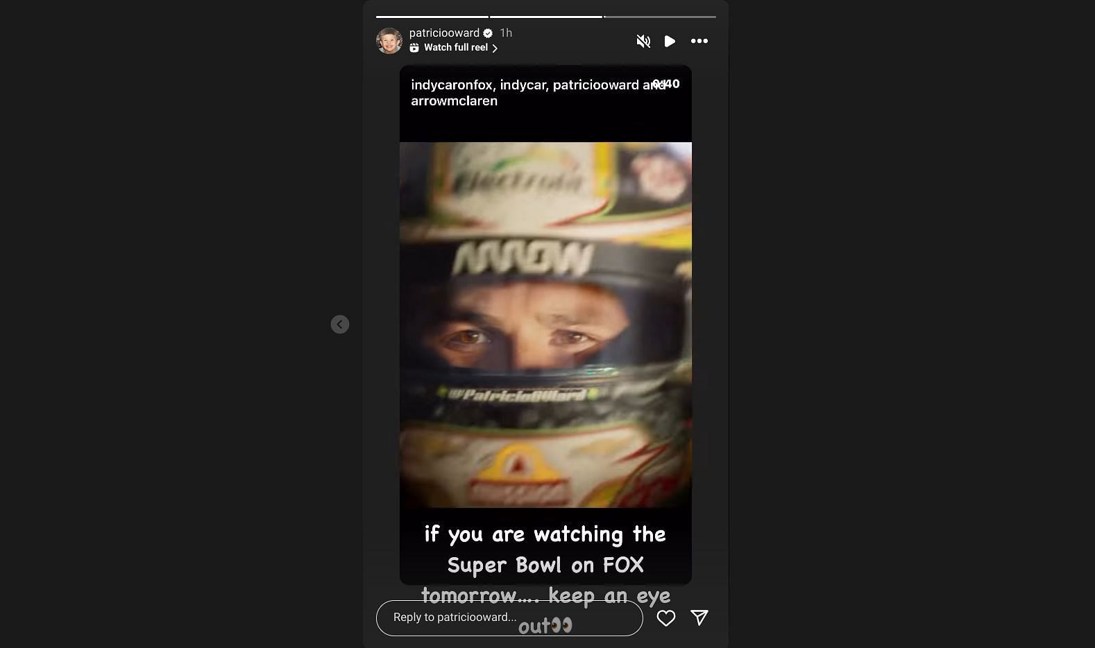 O&#039;Ward reshares IndyCar&#039;s promo on his story - Source: via @patriciooward on Instagram