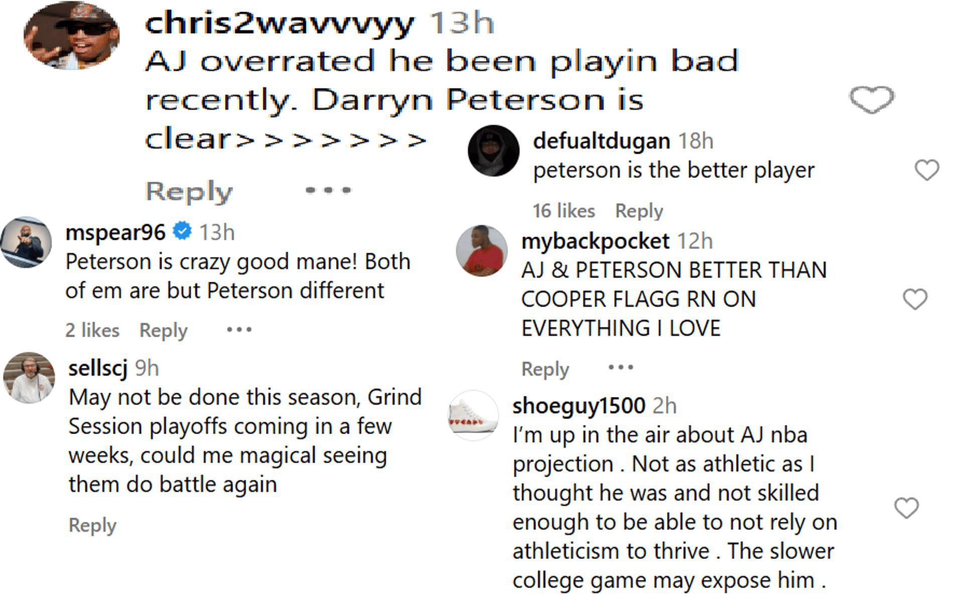 Hoops fans react to the possibility of AJ Dybantsa vs. Darryn Peterson continuing to college and the NBA. (IG/br_hoops)