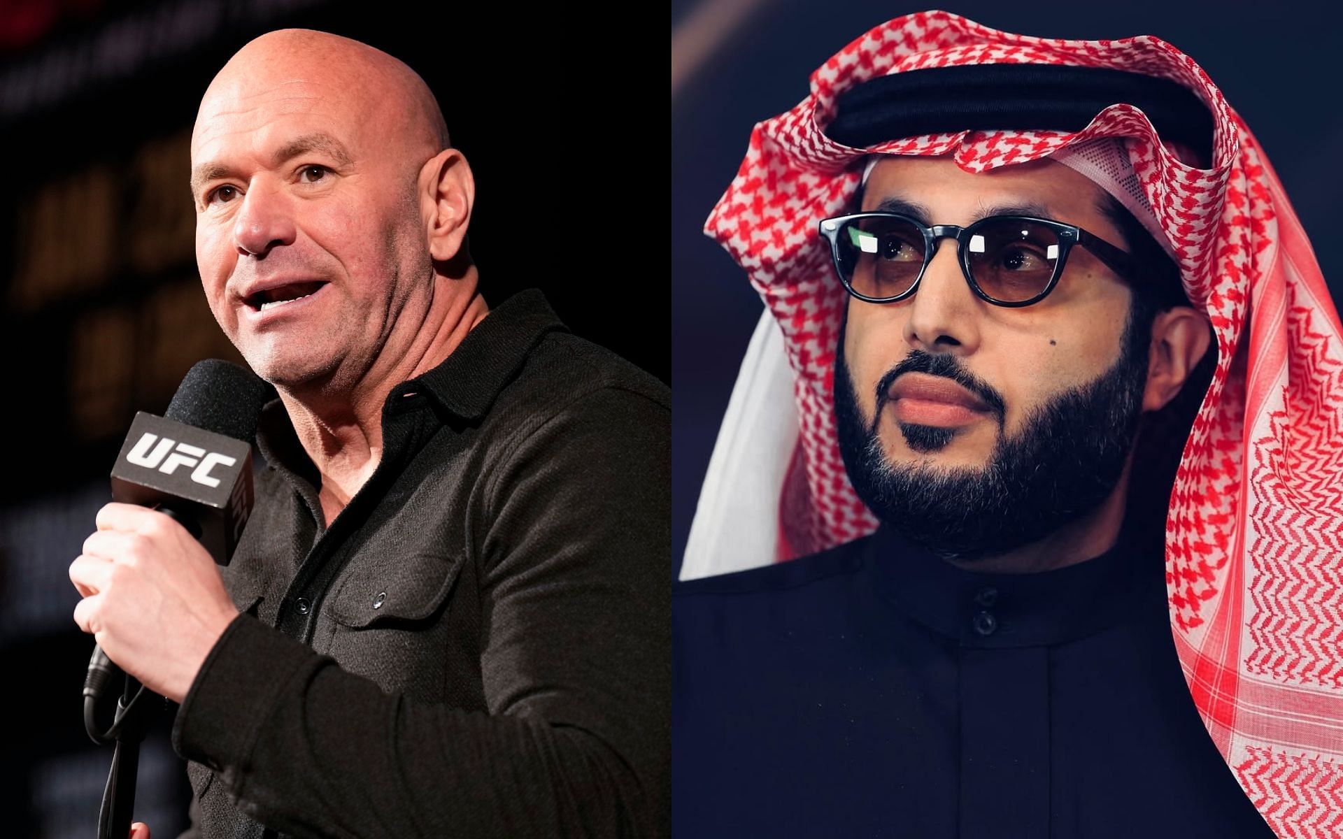 Dana White (left) clarifies if there will be any announcement with Turki Alalshikh (right) this week. [Image courtesy: via Getty Images and @turkialalshik on Instagram]