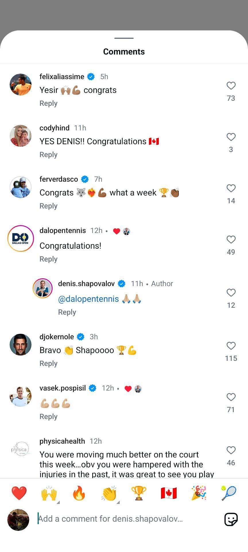 Novak Djokovic and Felix Auger Aliassime comment on Denis Shapovalov&#039;s Post - Source: Denis Shapovalov&#039;s Instagram