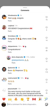 Novak Djokovic and Felix Auger Aliassime comment on Denis Shapovalov's Post - Source: Denis Shapovalov's Instagram