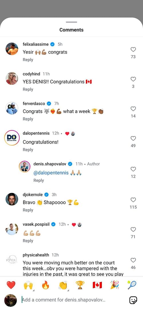 Novak Djokovic and Felix Auger Aliassime comment on Denis Shapovalov's Post - Source: Denis Shapovalov's Instagram