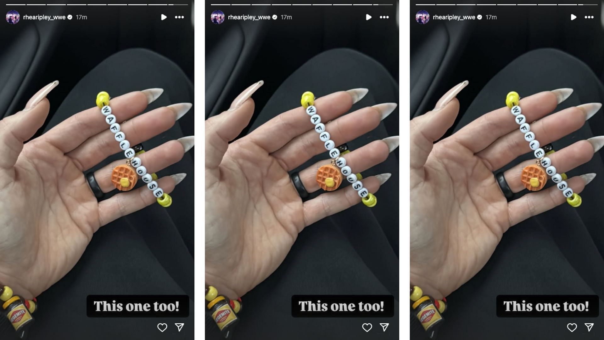 Ripley shares a photo of a Waffle House bracelet on social media. [Image credit: Screenshot of Rhea Ripley&#039;s Instagram story]