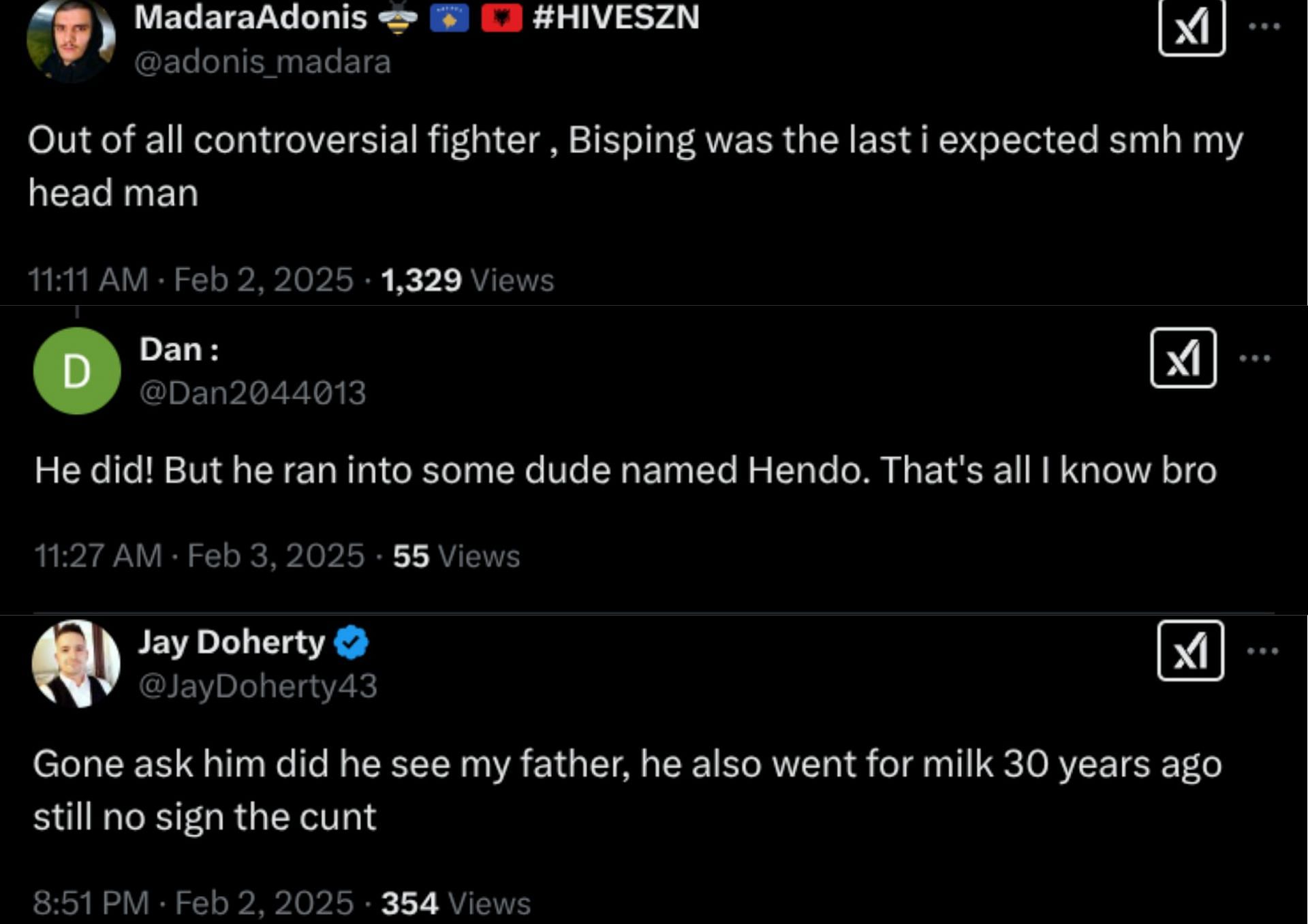 More fans joined in and populated the comment section of Callum&#039;s reaction on Michael Bisping&#039;s post[Screenshot Courtesy: @Dan2044013, @adonis_madara, and @JayDoherty43 on X]