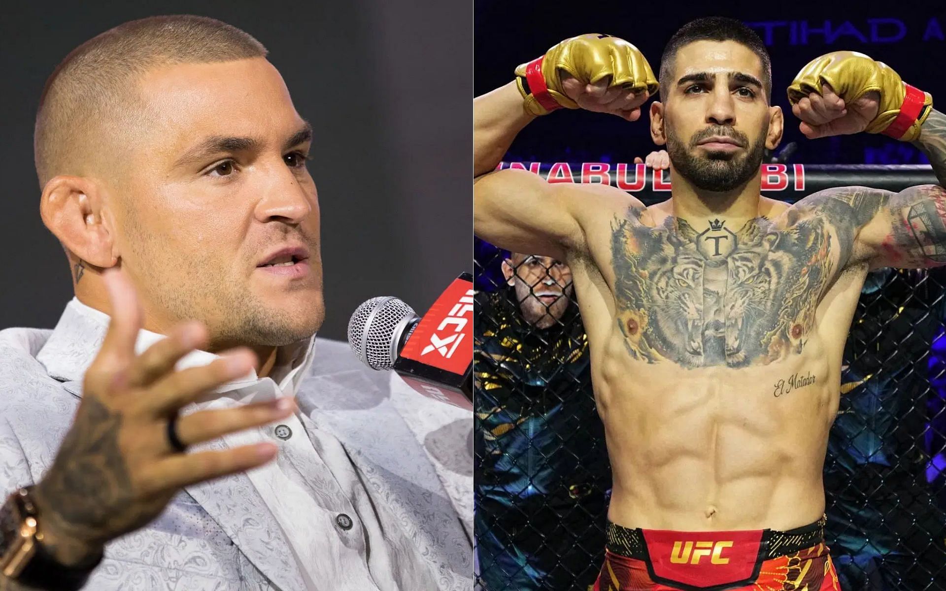 Dustin Poirier (left) speaks about Ilia Topuria