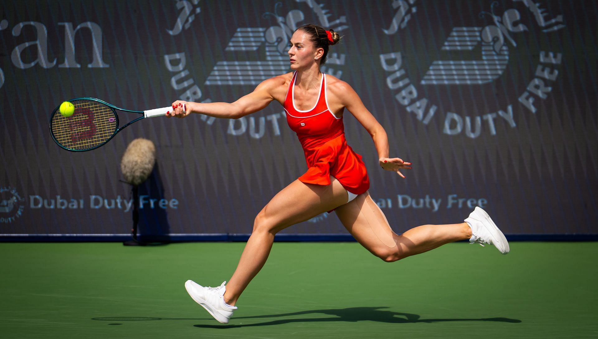 Kenin plays a running forehand in the Dubai Tennis Championships - Source: Getty Qatar TotalEnergies Open - Day Two - Source: Getty