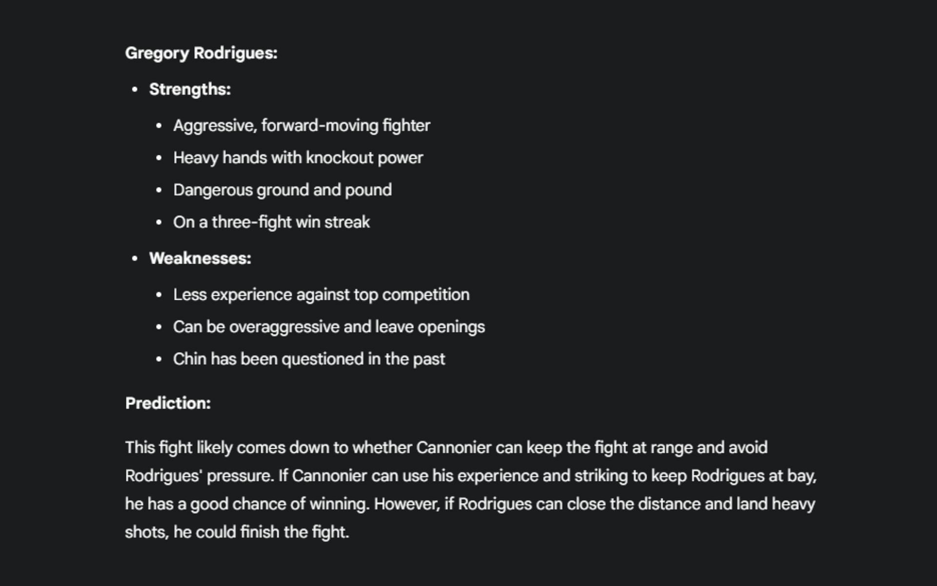 Screenshot of Google&#039;s AI prediction for the UFC Vegas 102 headlining match -- Jared Cannonier vs. Gregory Rodrigues