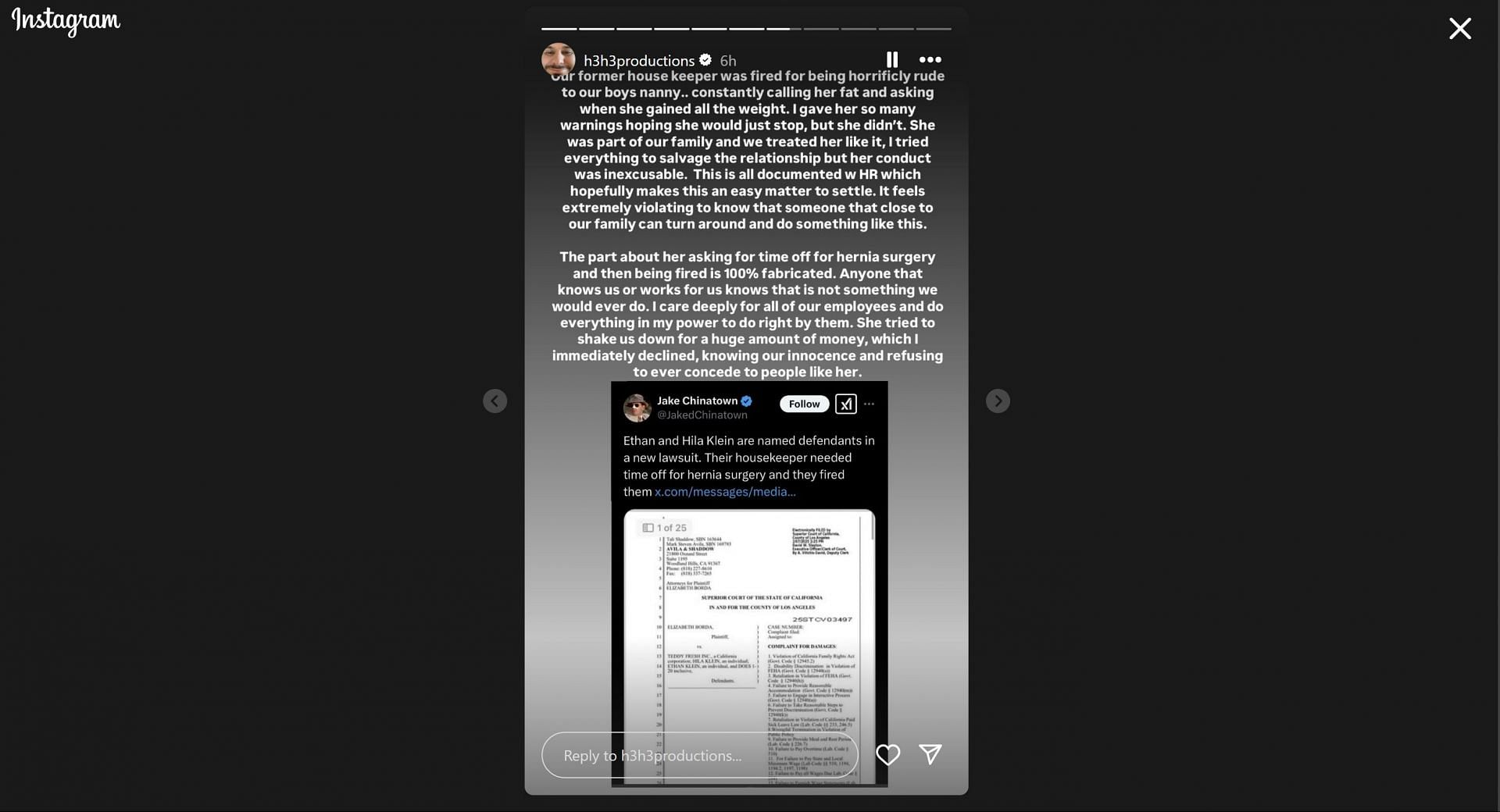 Ethan Klein&#039;s Instagram story, in which he responded to the lawsuit filed against him and his wife (Image via @h3h3productions/Instagram)