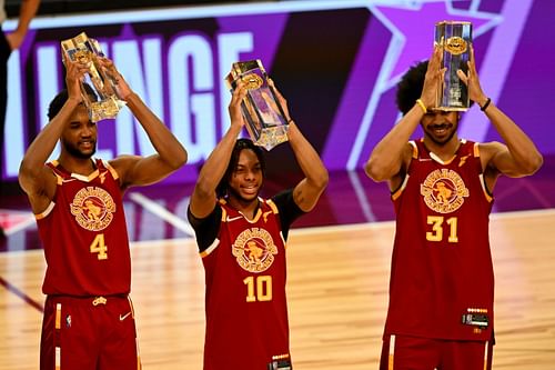 Evan Mobley, Darius Garland, and Jarrett Allen at the 2022 Skills Challenge - Source: Getty