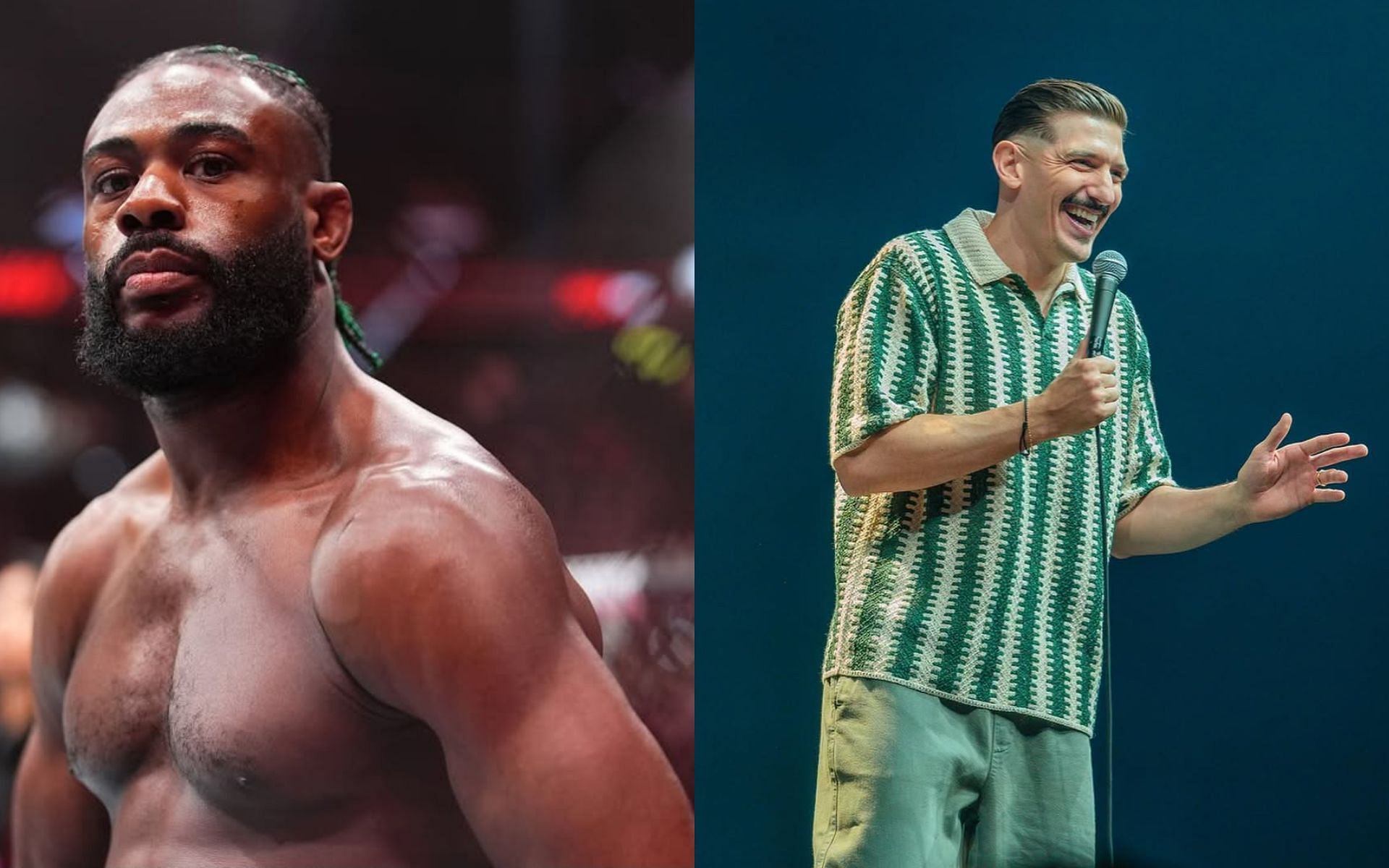 Aljamain Sterling (left) reacts to comedian Andrew Schulz