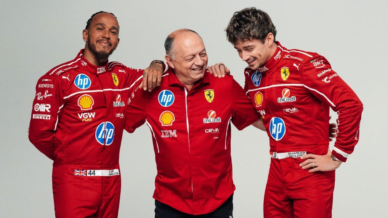 Lewis Hamilton [L] Fred Vasseur [C] Charles Leclerc [R] [Image Source: @ScuderiaFerrari/X]