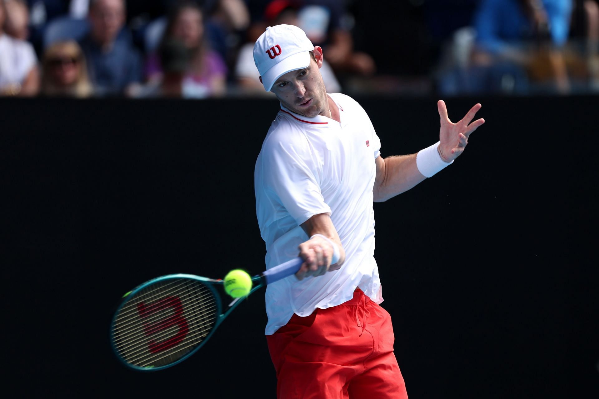 Nicolas Jarry of Chile plays a forehand against Jannik Sinner of Italy in the Men&#039;s Singles First Round match during day two of the 2025 Australian Open- Source: Getty