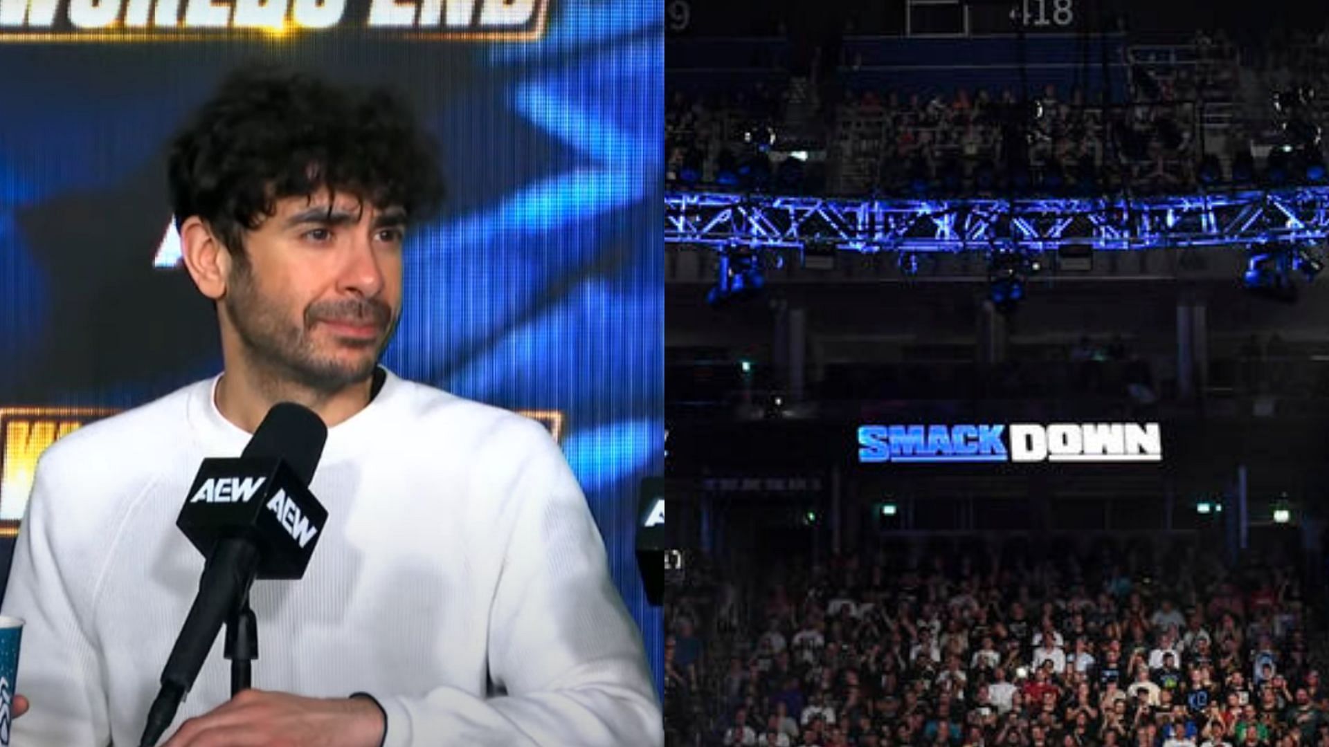 Tony Khan (left) and WWE SmackDown arena (right). (Image credits: AEW YouTube channel &amp; wwe.com)