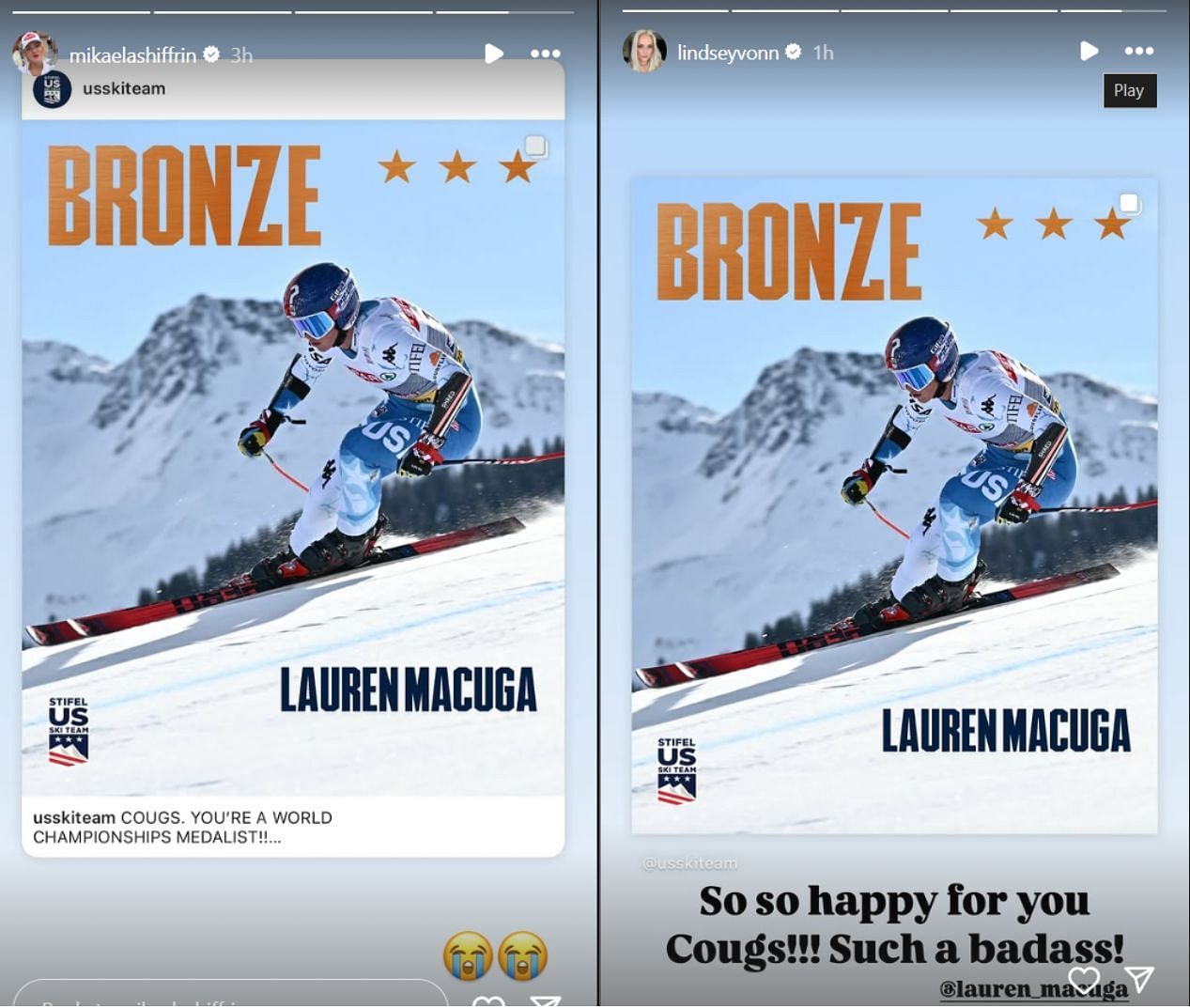 Mikaela Shiffrin and Lindsey Vonn&#039;s Instagram stories