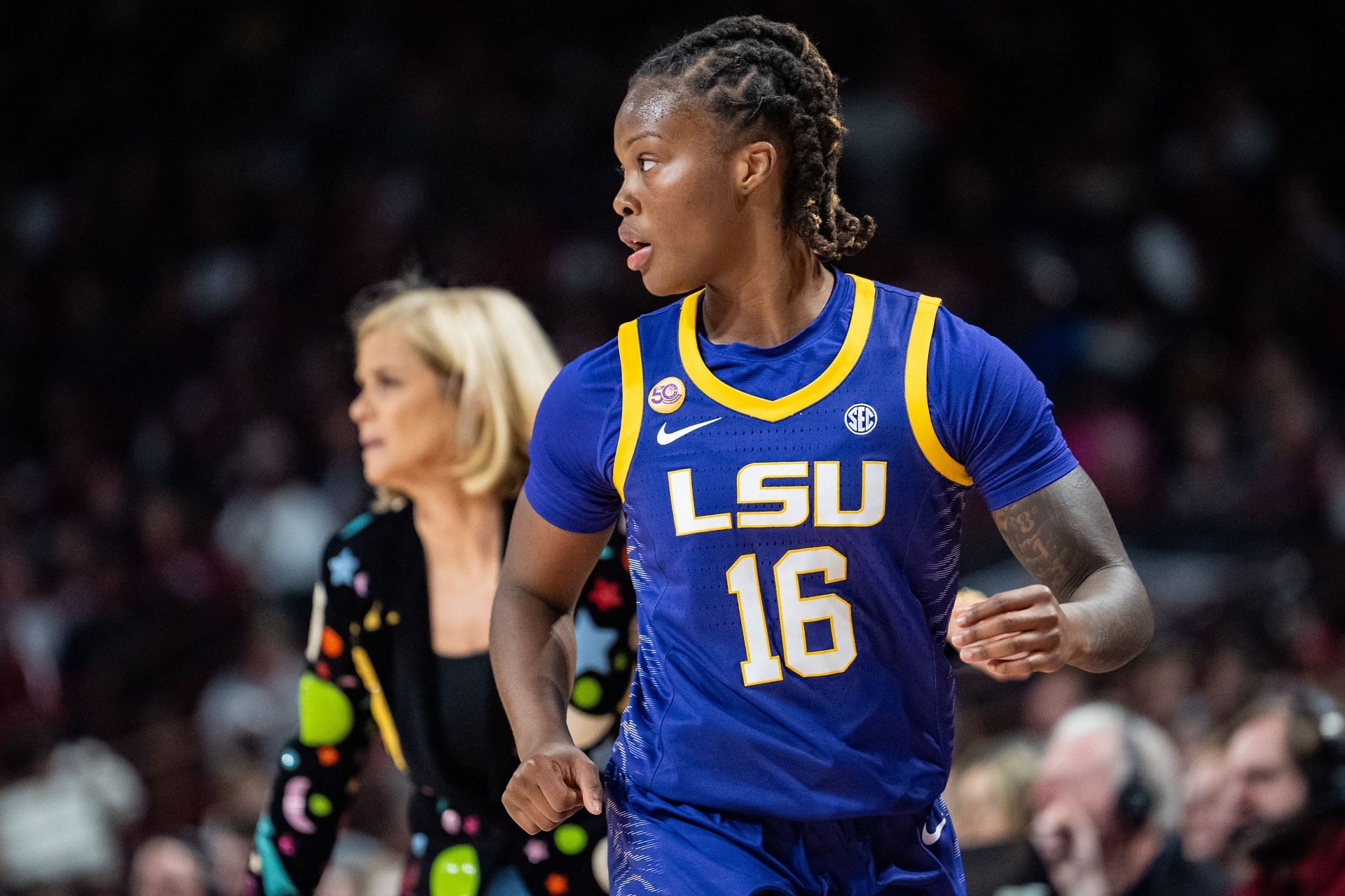 Kailyn Gilbert (#16) of the LSU Tigers plays against the South Carolina Gamecocks during their game at Colonial Life Arena on January 24, 2025, in Columbia, South Carolina. Photo: Getty