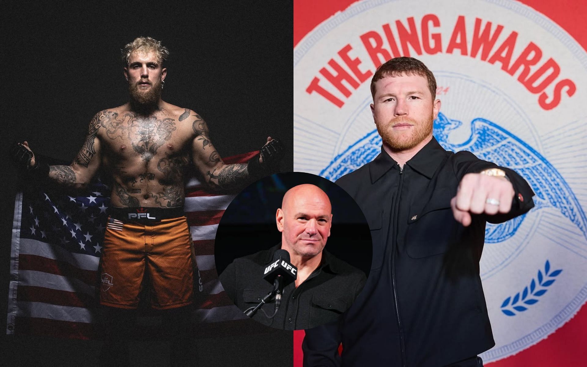 Dana White (inset) reacts to Canelo Alvarez (right) going with Turki Alalshikh, ditching Jake Paul (left). [Images courtesy: @jakepaul, @canelo on Instagram and Getty]