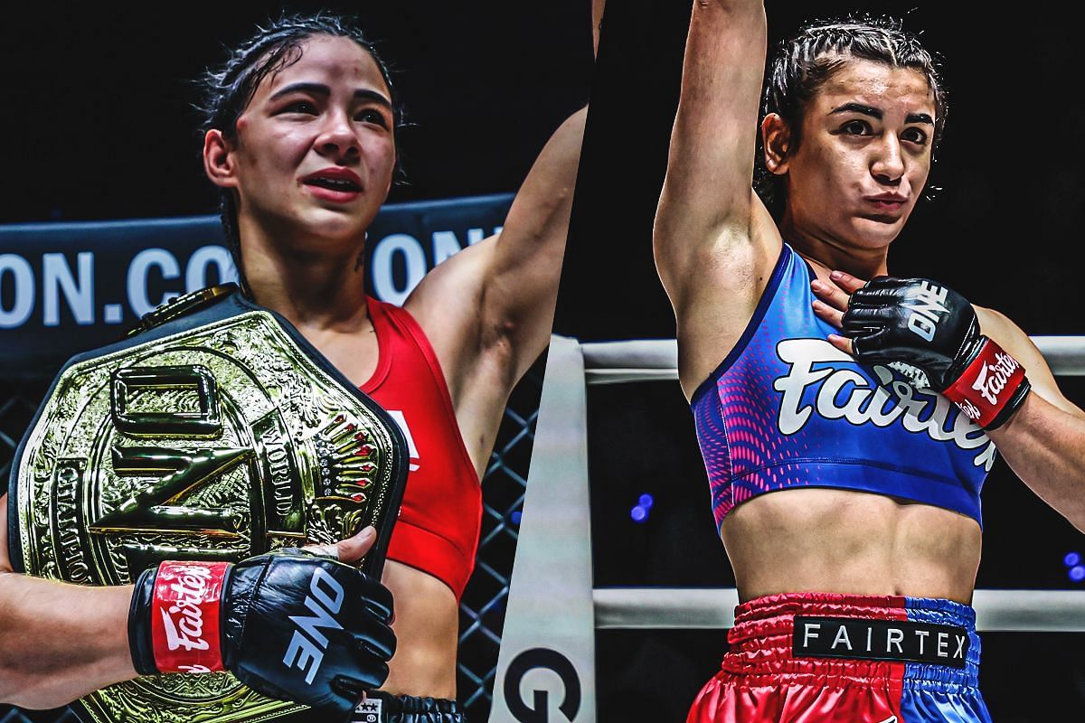 (From left) Allycia Hellen Rodrigues trades leather with Shir Cohen at ONE Fight Night 29.