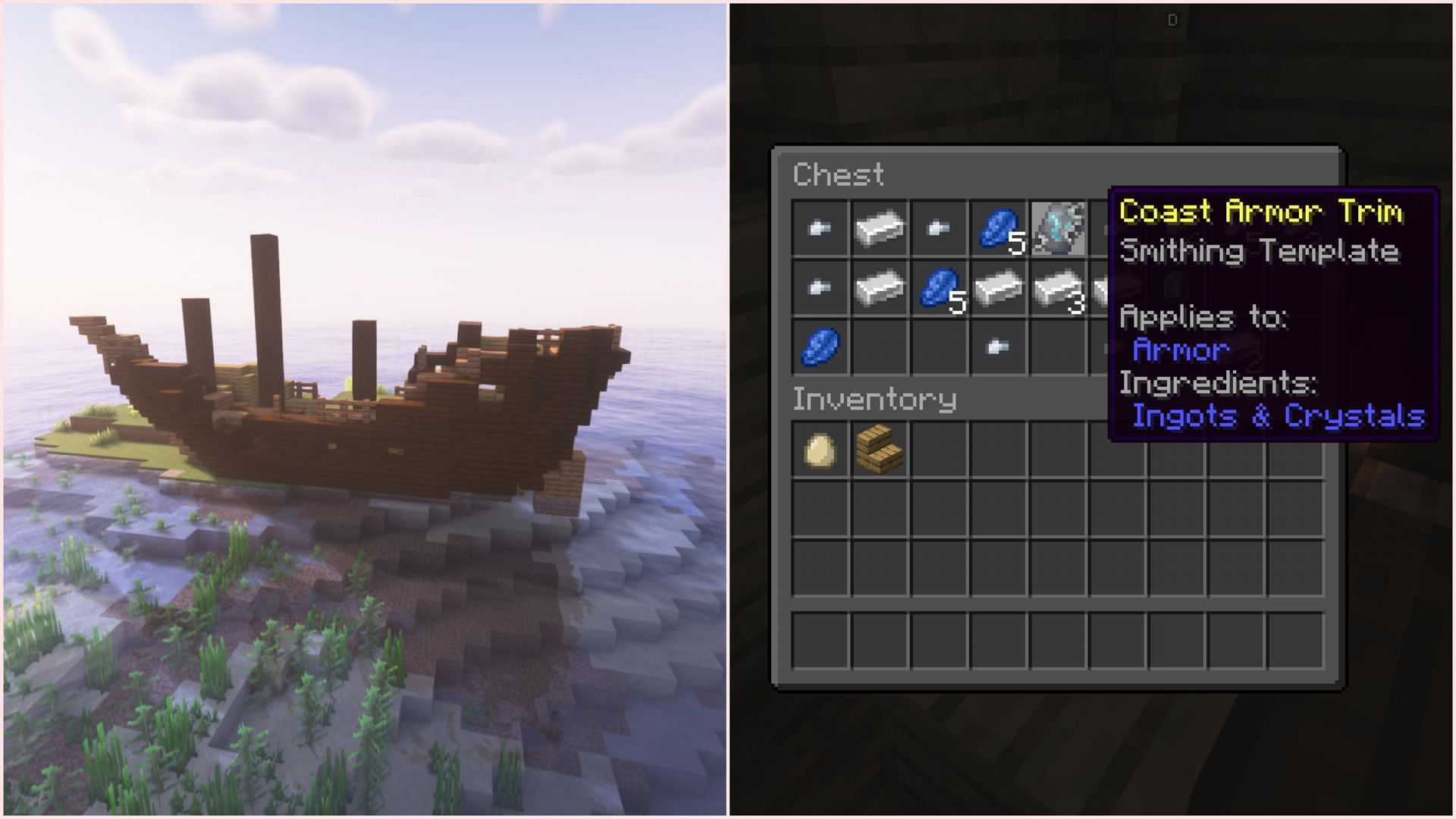 Coast armor trim is the easiest to find since it generates in shipwrecks (Image via Sporstkeeda Gaming/Mojang)