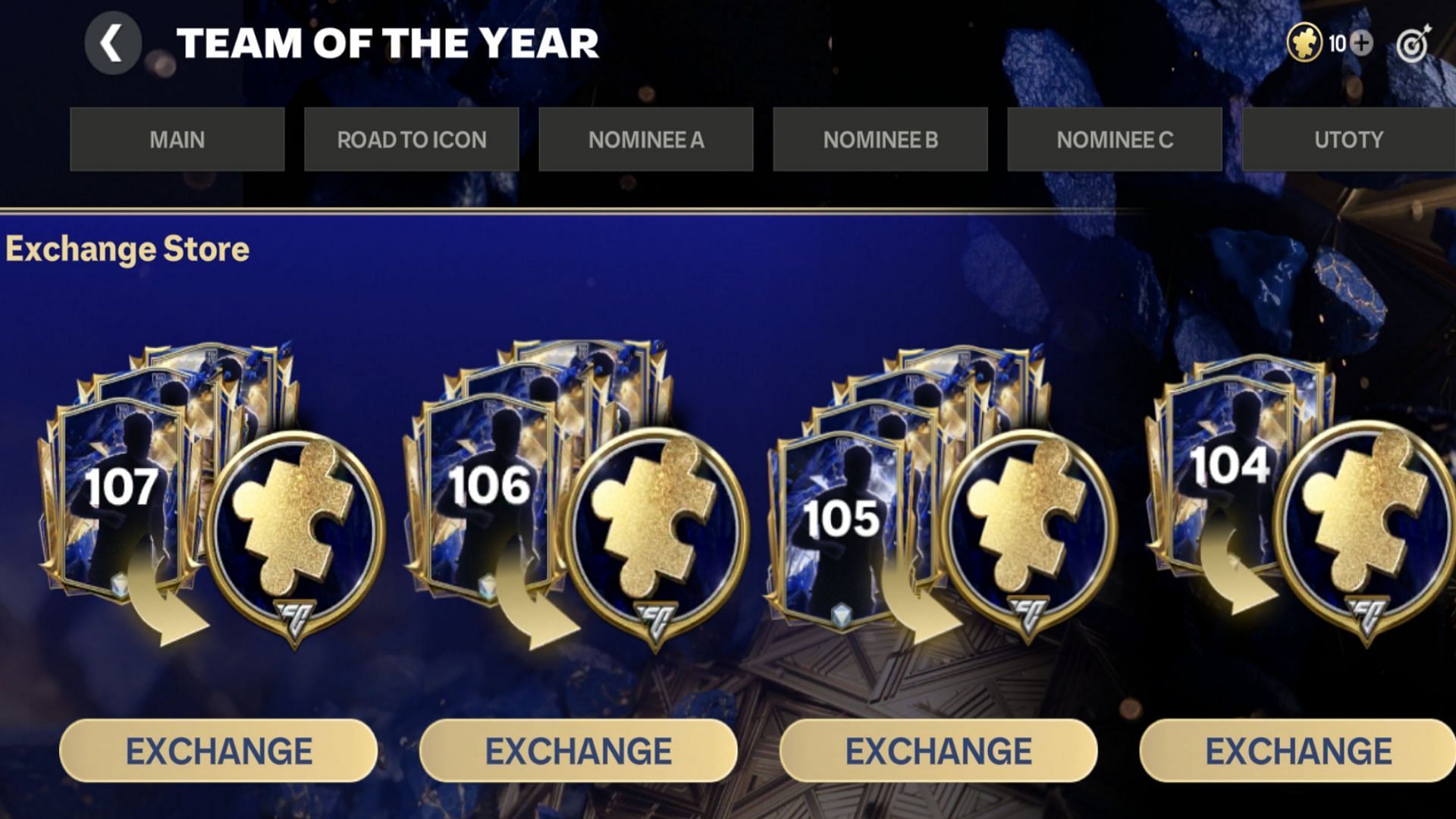 Snippet showing the various EA FC Mobile TOTY 25 Shards exchanges (Image via EA Sports)