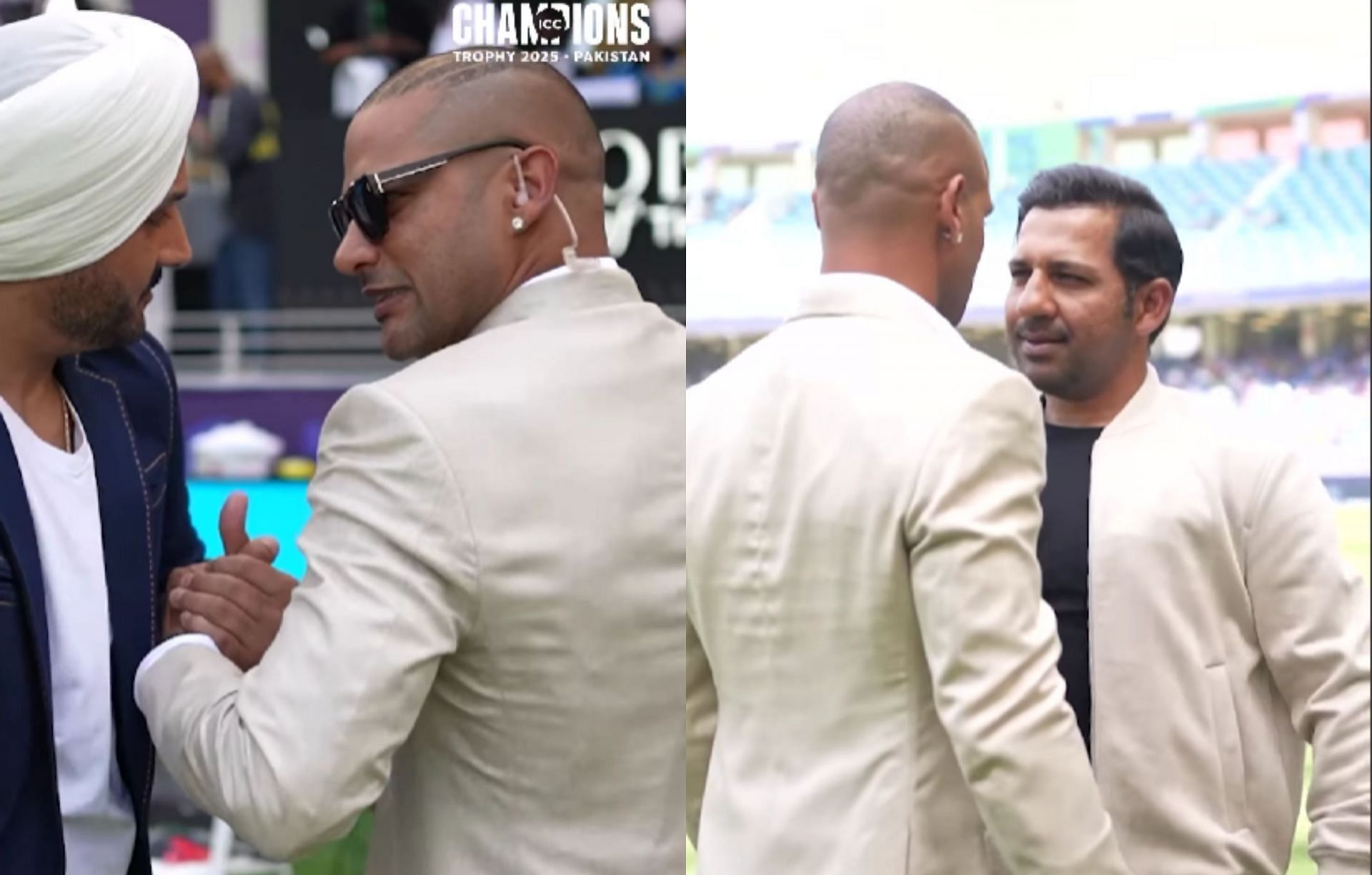 Shikhar Dhawan with Harbhajan Singh and Sarfaraz Ahmed in Dubai. (Images: ICC/Instagram)