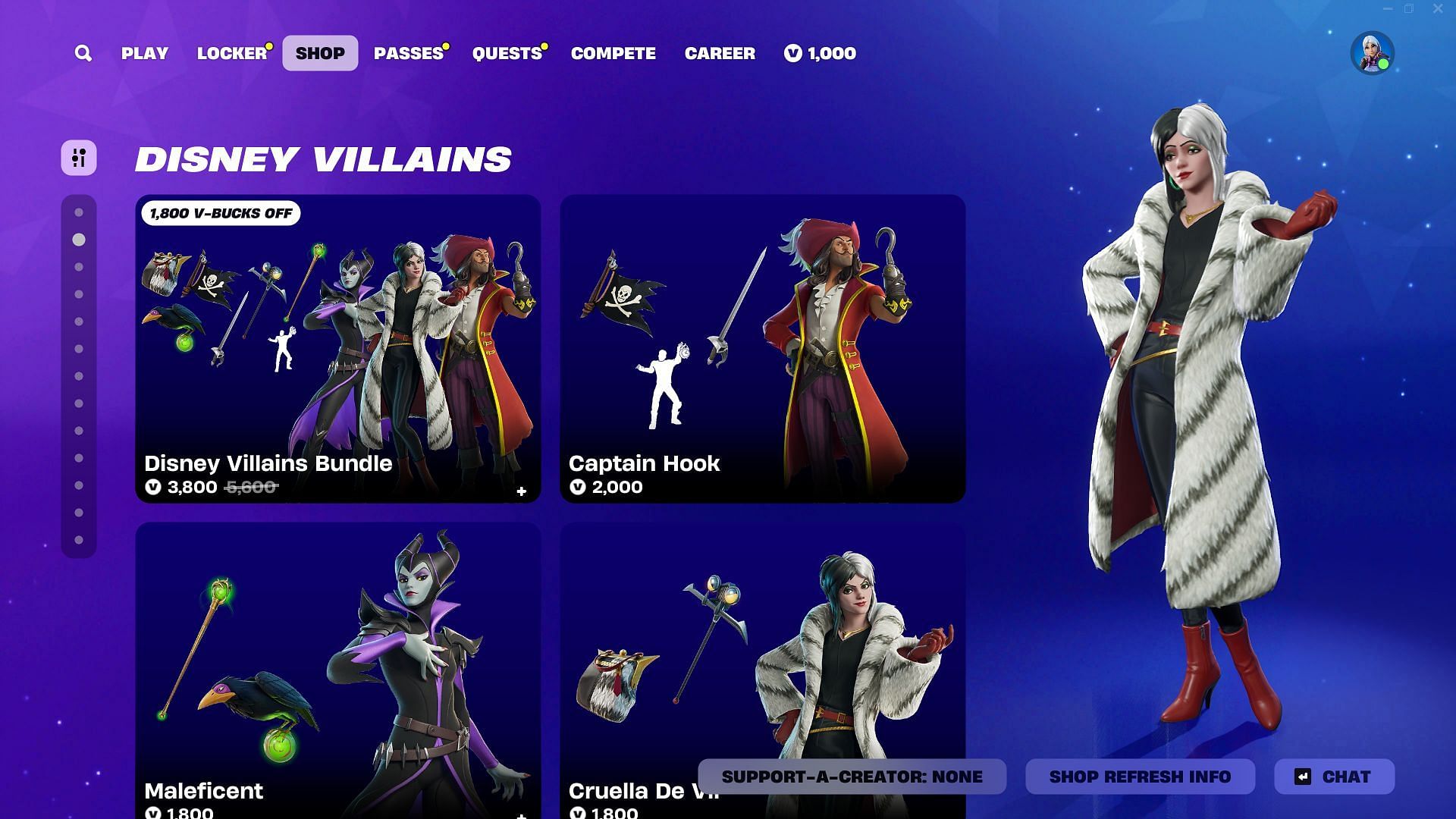 Captain Hook, Maleficent, and Cruella De Vil (Disney Villains) skins in Fortnite can be purchased separately (Image via Epic Games)(Image via Epic Games)