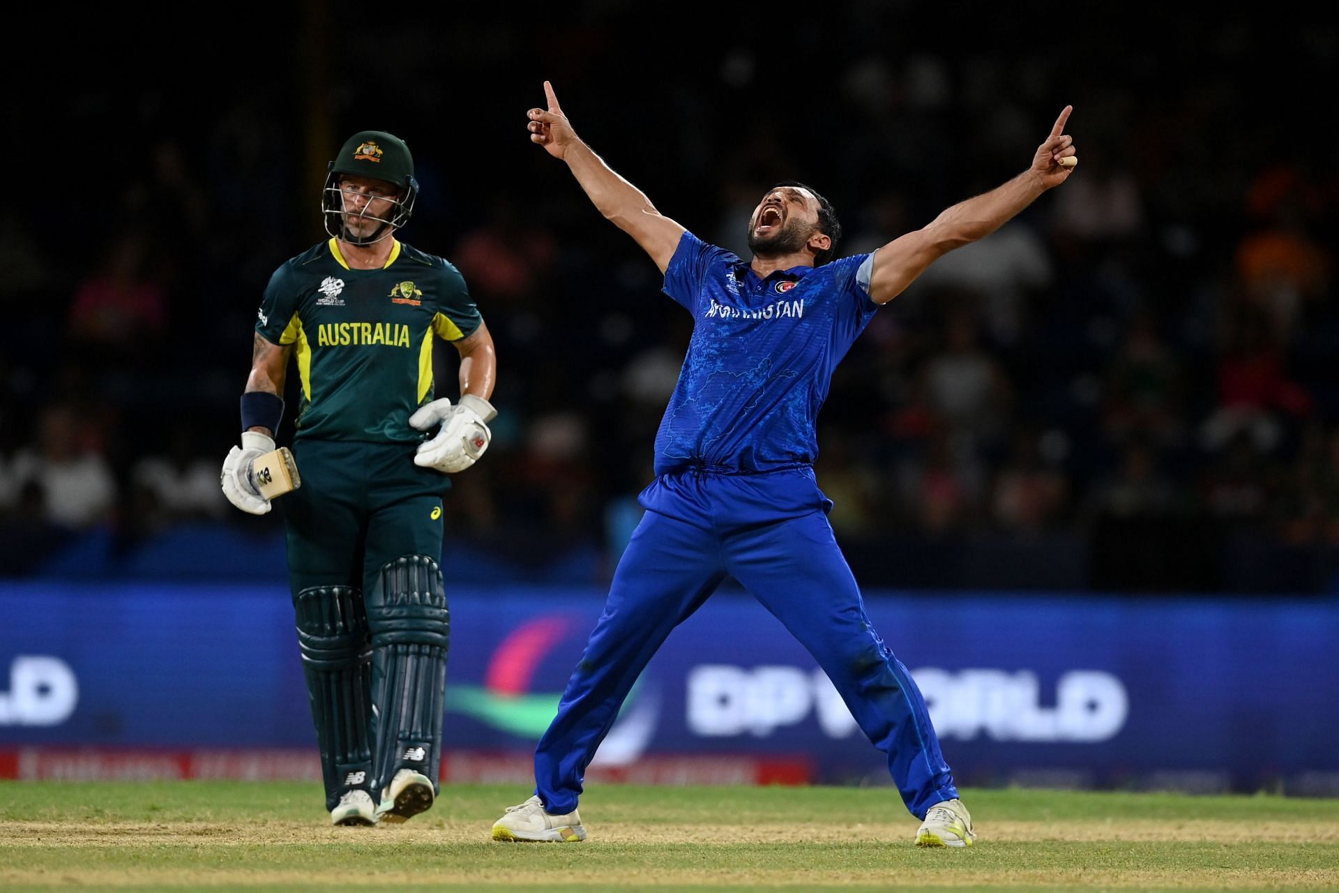 Gulbadin Naib celebrating after dismissing the dangerous Glenn Maxwell in the T20 WC 2024.