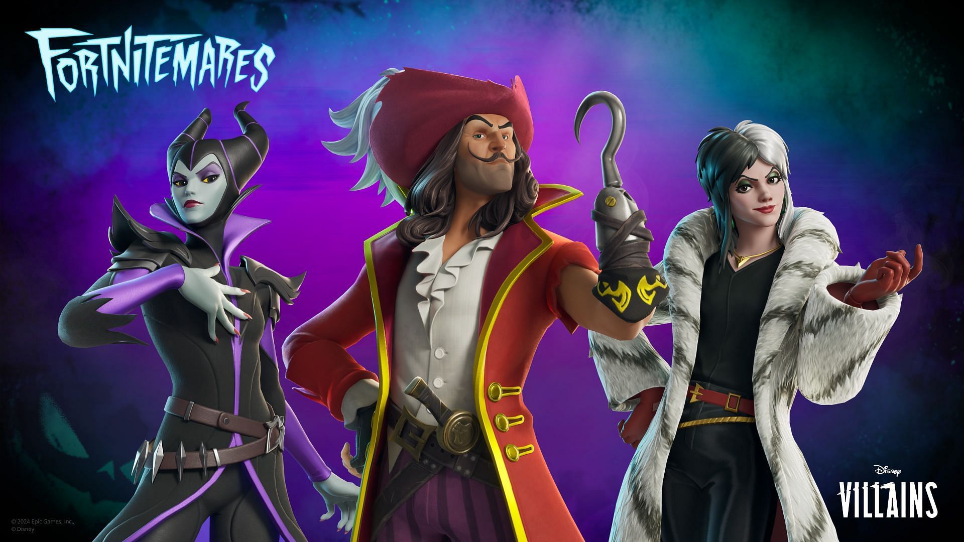 Captain Hook, Maleficent, and Cruella De Vil (Disney Villains) skins are now in Fortnite (Image via Epic Games)