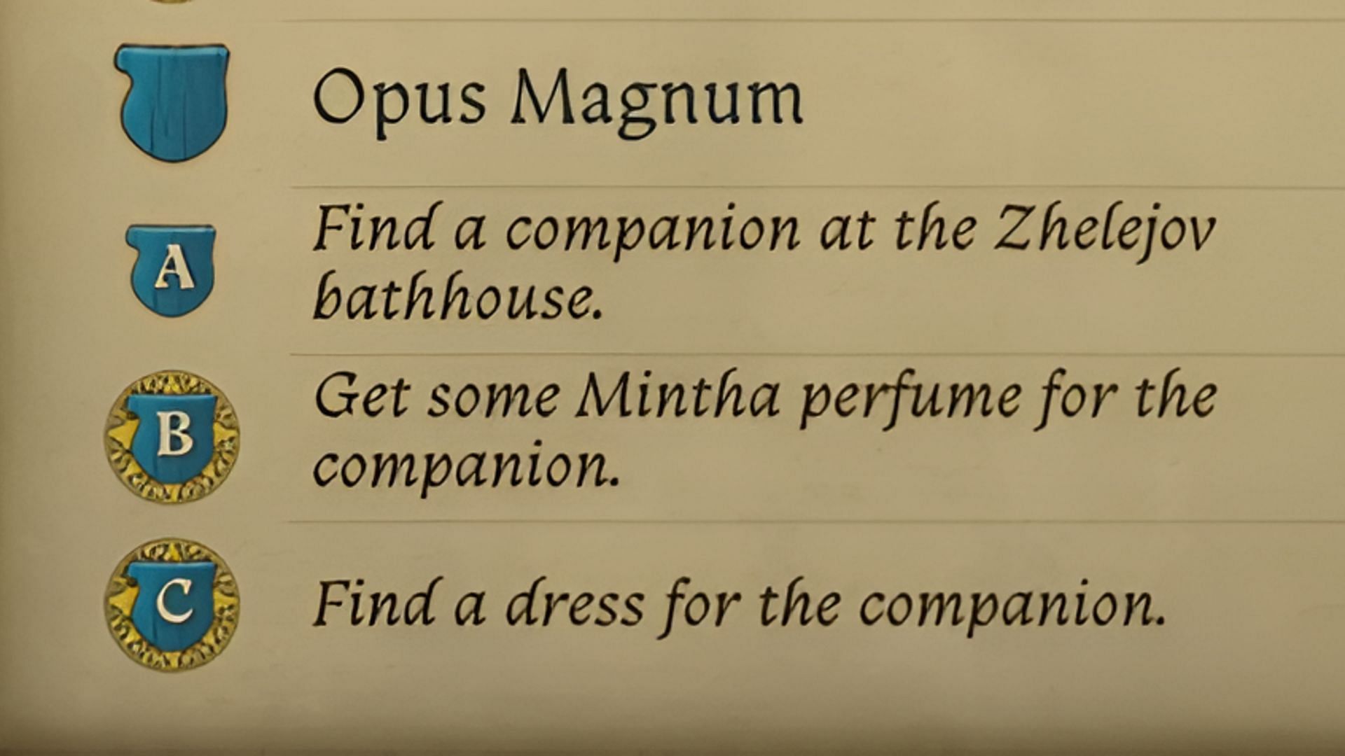 Objectives for Opus Magnum side quest in Kingdom Come Deliverance 2 (Image via Deep Silver)