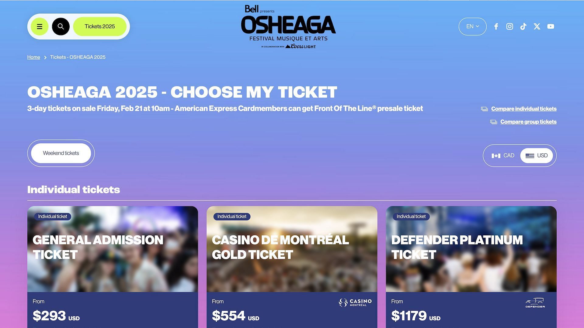 Screenshot of Osheago Festival&#039;s official website listing tickets scheduled to go live on February 21, 2025. (Image via osheaga.com)