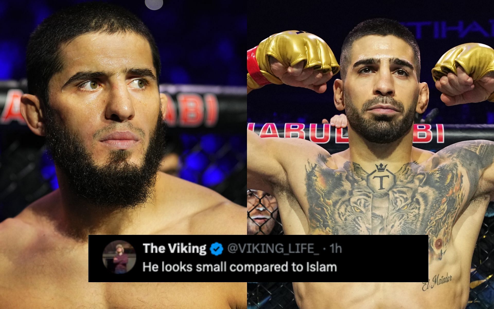 Fans on Ilia Topuria (right) explaining desire to fight Islam Makhachev (left). [Image courtesy: Getty Images]