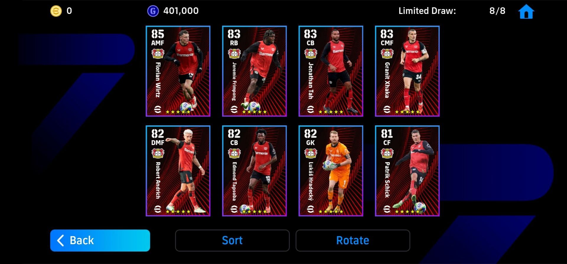 All 8 Bayer Leverkusen players&#039; highlight cards in eFootball 25 Special Players list (Image via Konami)