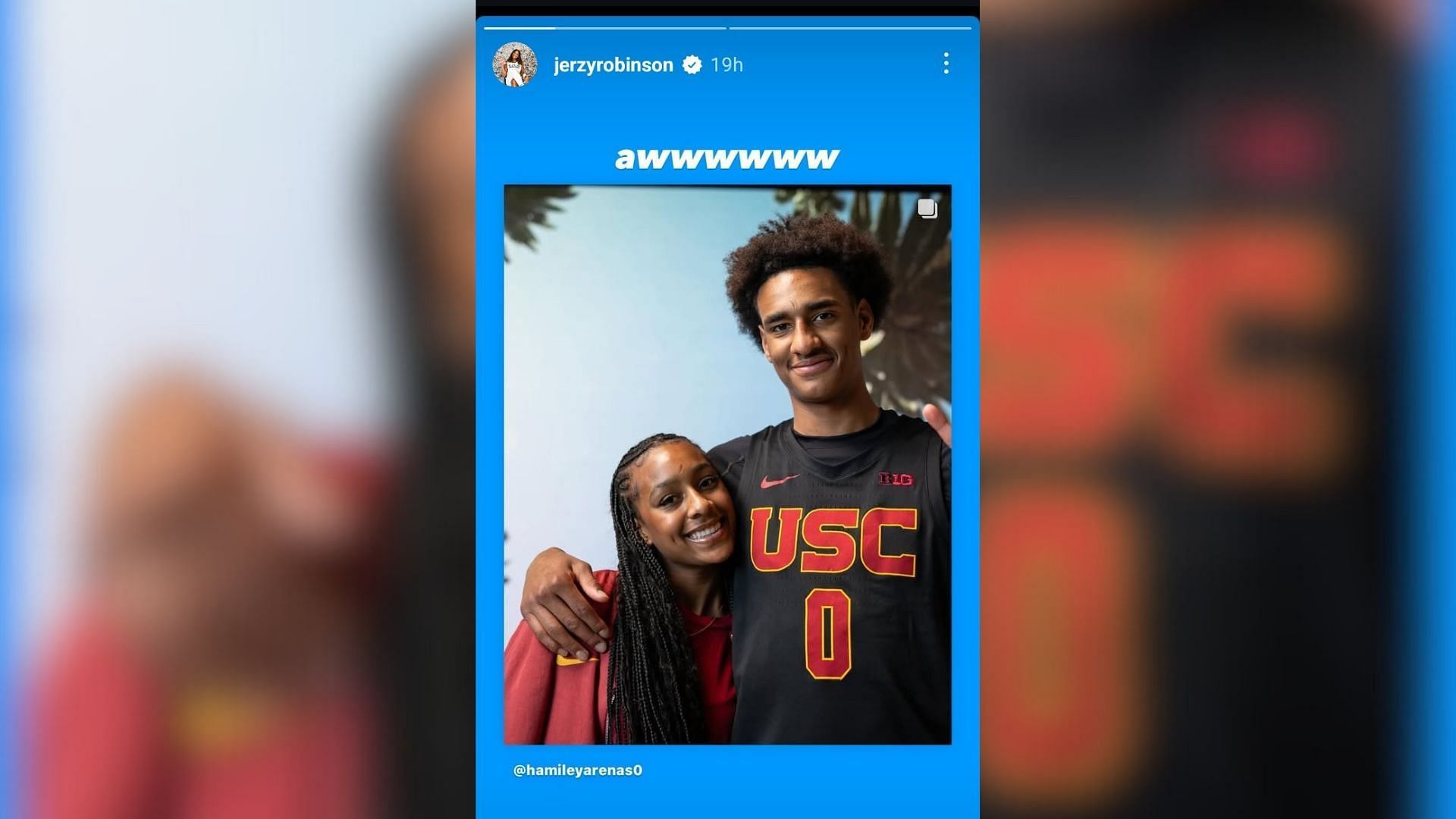 5-star prospect Jerzy Robinson shares 1-word reaction to Hamiley Arenas&#039; post following brother Alijah Arenas&#039; USC commitment. (Image via Instagram @jerzyrobinson)