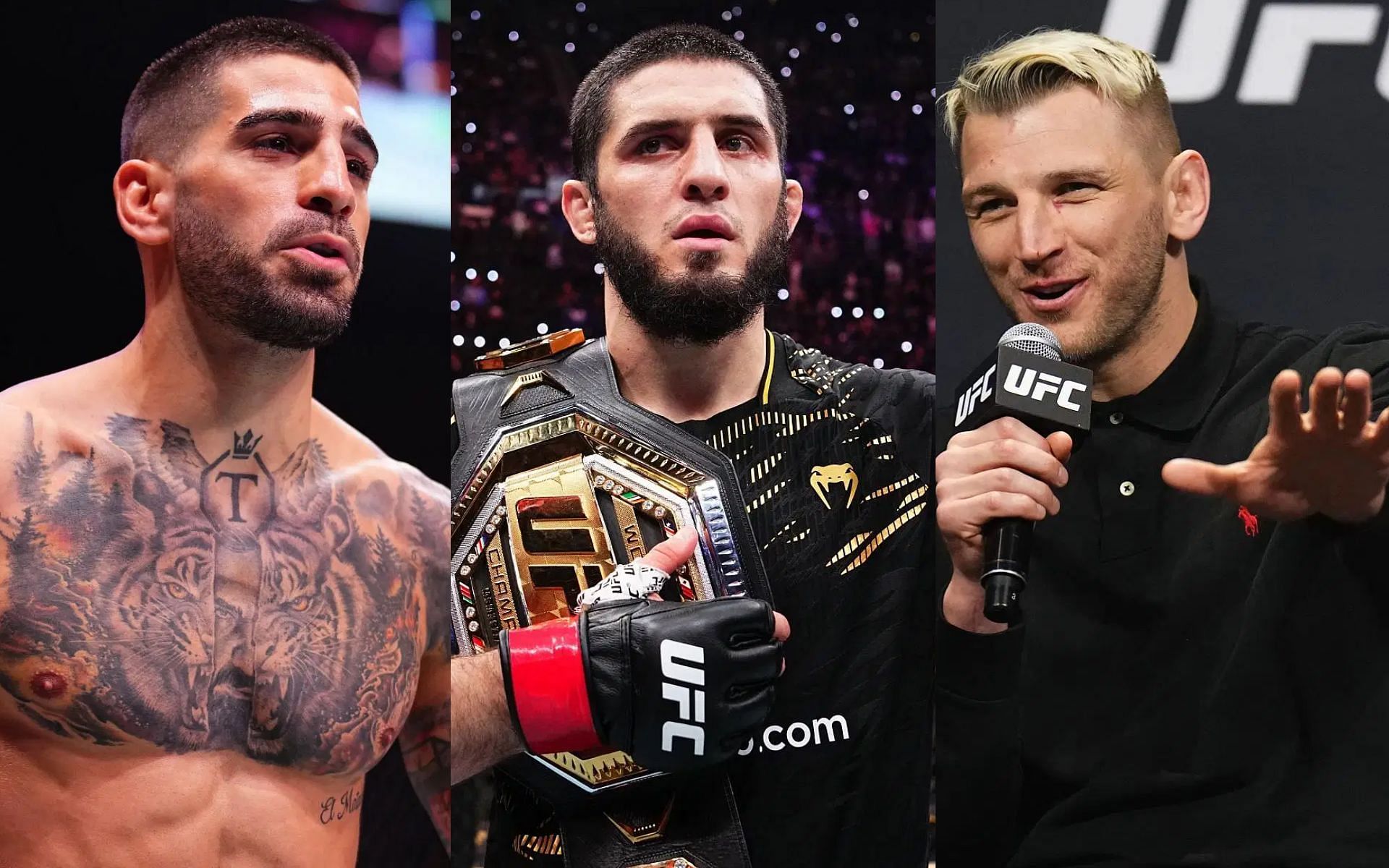 Dan Hooker (right) outlines why Islam Makhachev (middle) will opt out of Ilia Topuria (left) matchup in favor of heavier opponents [Images courtesy: Getty Images]