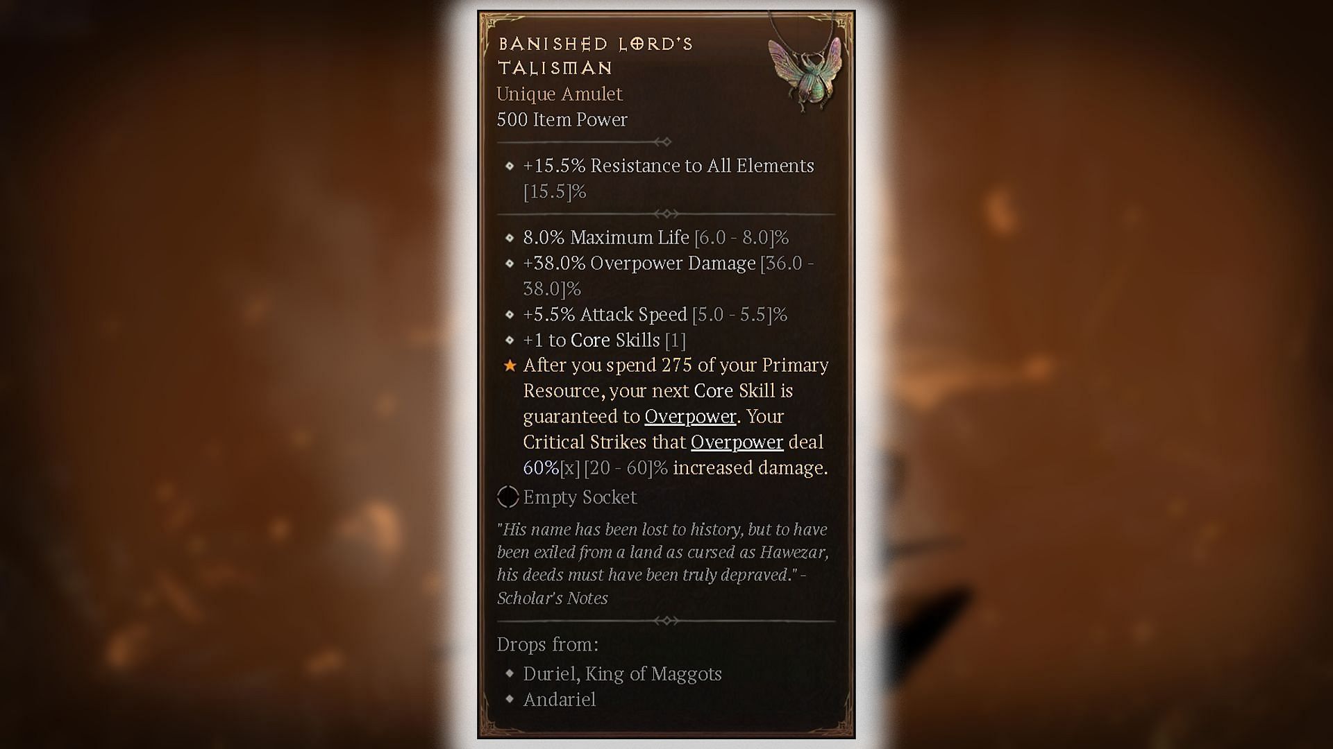 The Banished Lord&#039;s Talisman has a valuable set of stats (Image via Blizzard Entertainment)