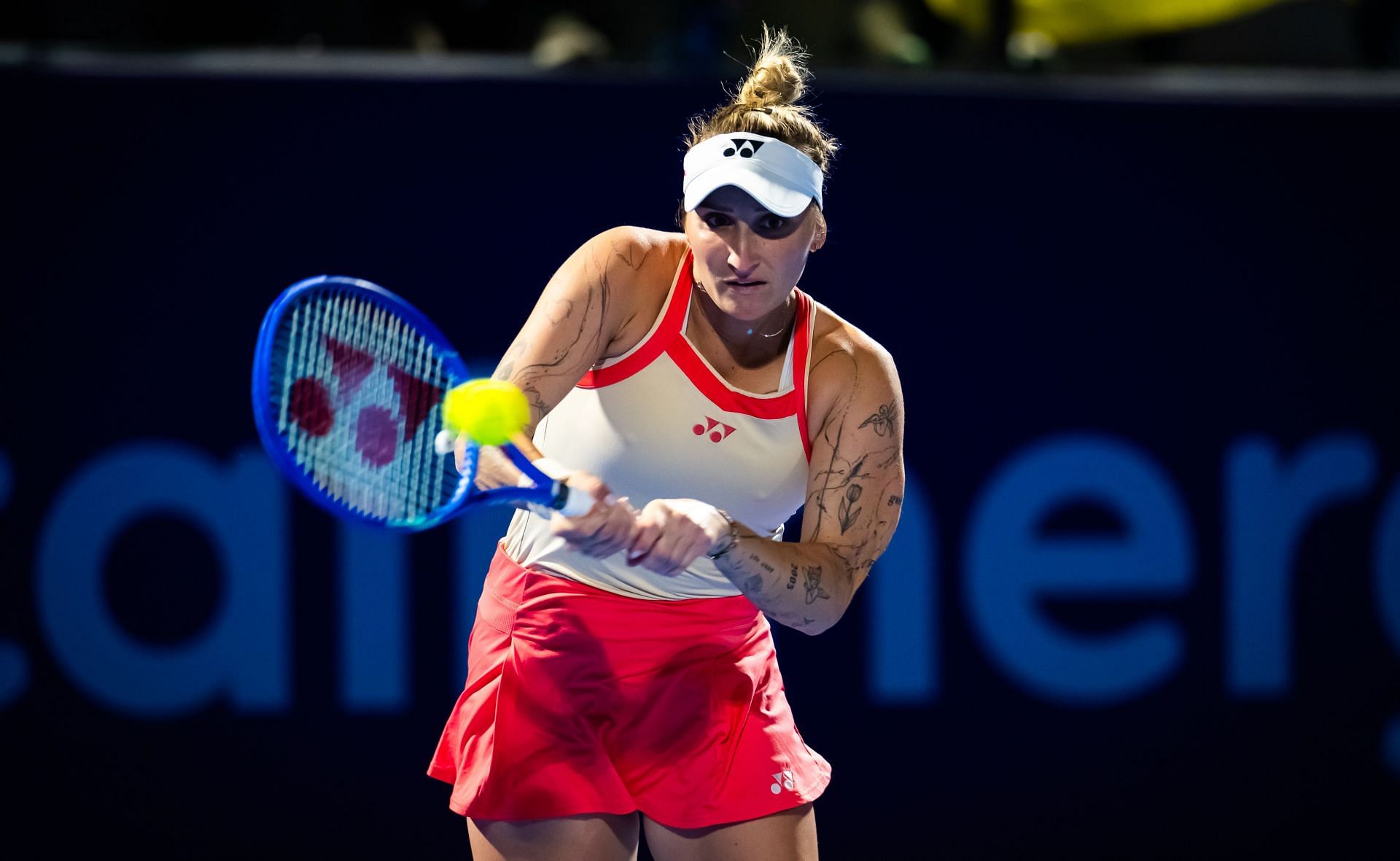 Marketa Vondrousova of the Czech Republic in action against Elina Svitolina of Ukraine in the first round on Day Two of the Qatar TotalEnergies Open - Source: Getty