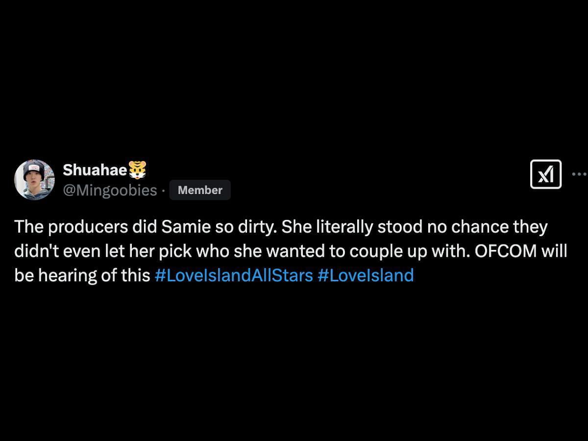 Love Island: All Stars fans react to Samie&#039;s elimination (Image via X/@Mingoobies)