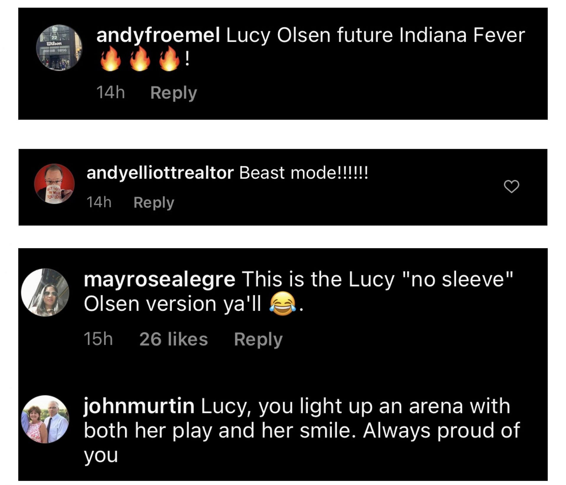 Fans hail Lucy Olsen on IG. Image via @iowawbb