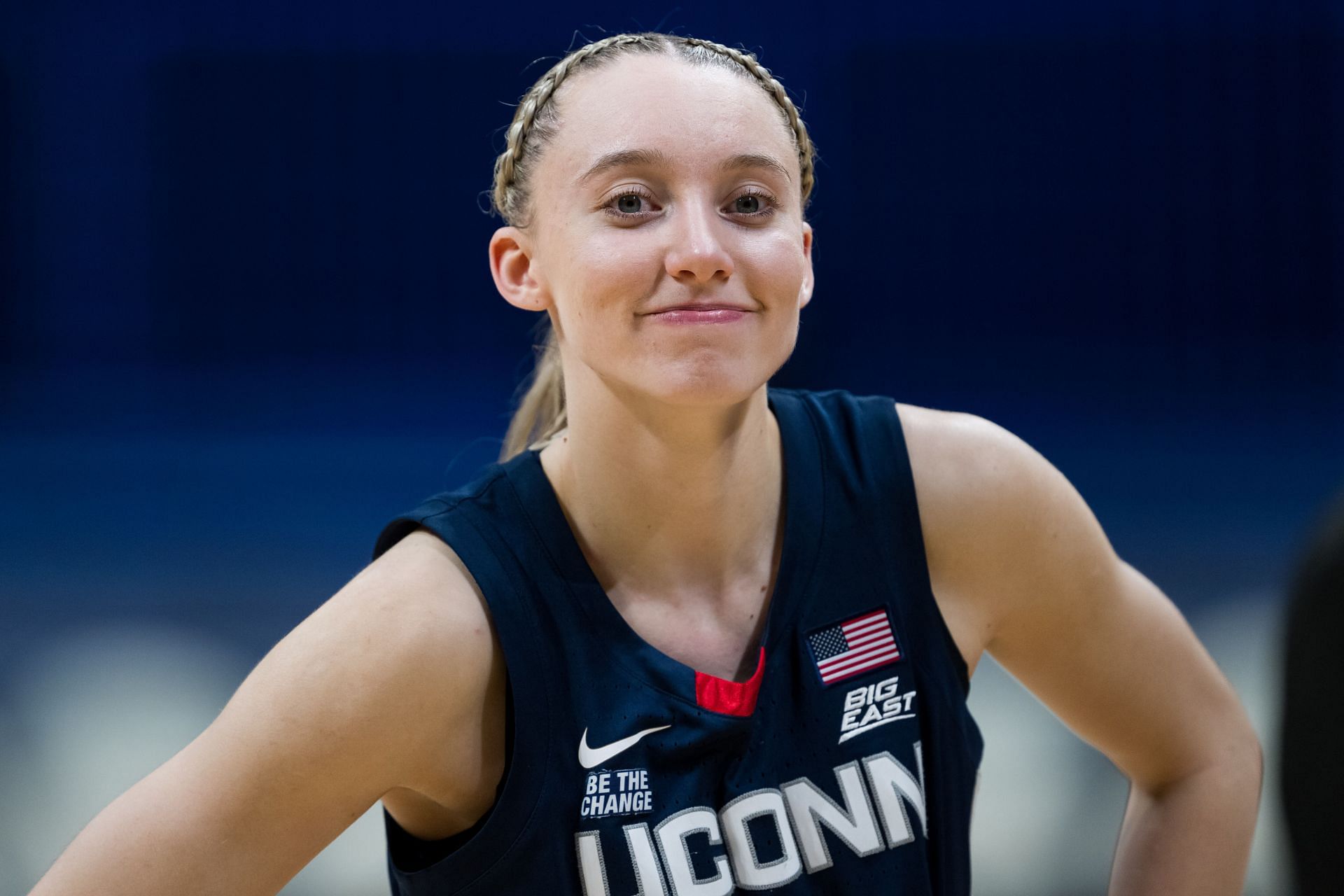 UConn Huskies guard Paige Bueckers (#5) smiles on the court after their game against the Butler Bulldogs on February 22, 2025, at Hinkle Fieldhouse. Photo: Getty