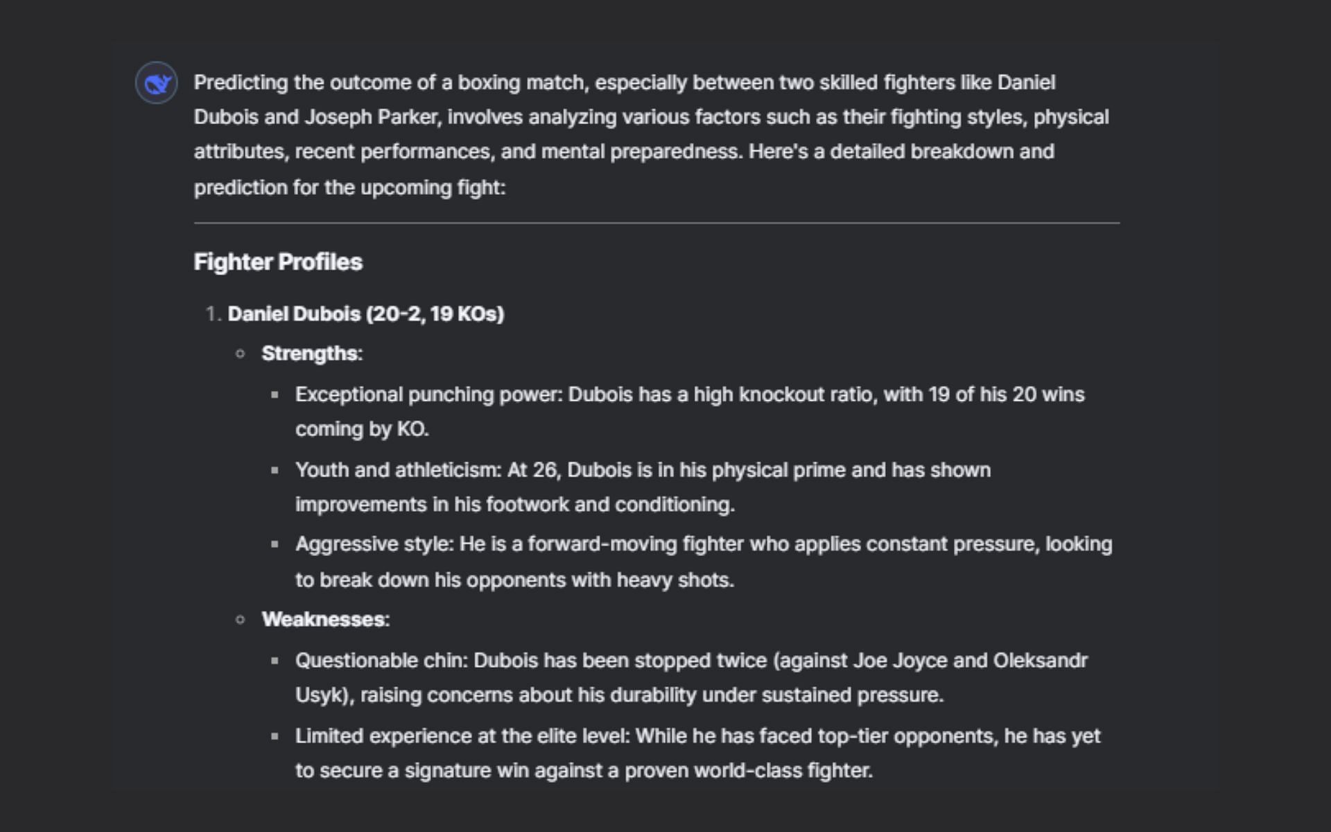 Screenshot of DeepSeek&#039;s AI prediction for Daniel Dubois vs. Joseph Parker