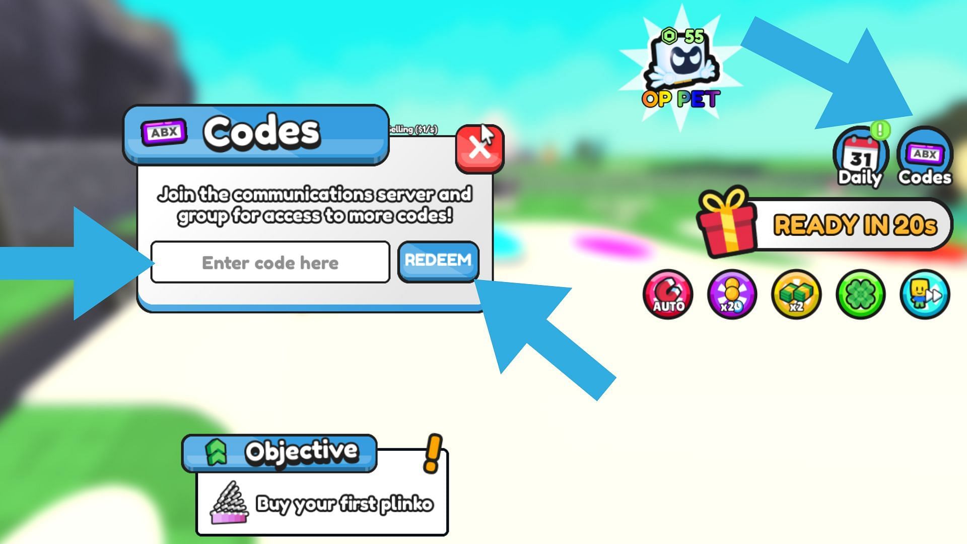 Notice the codes option on the right side of the screen (Image via Roblox)