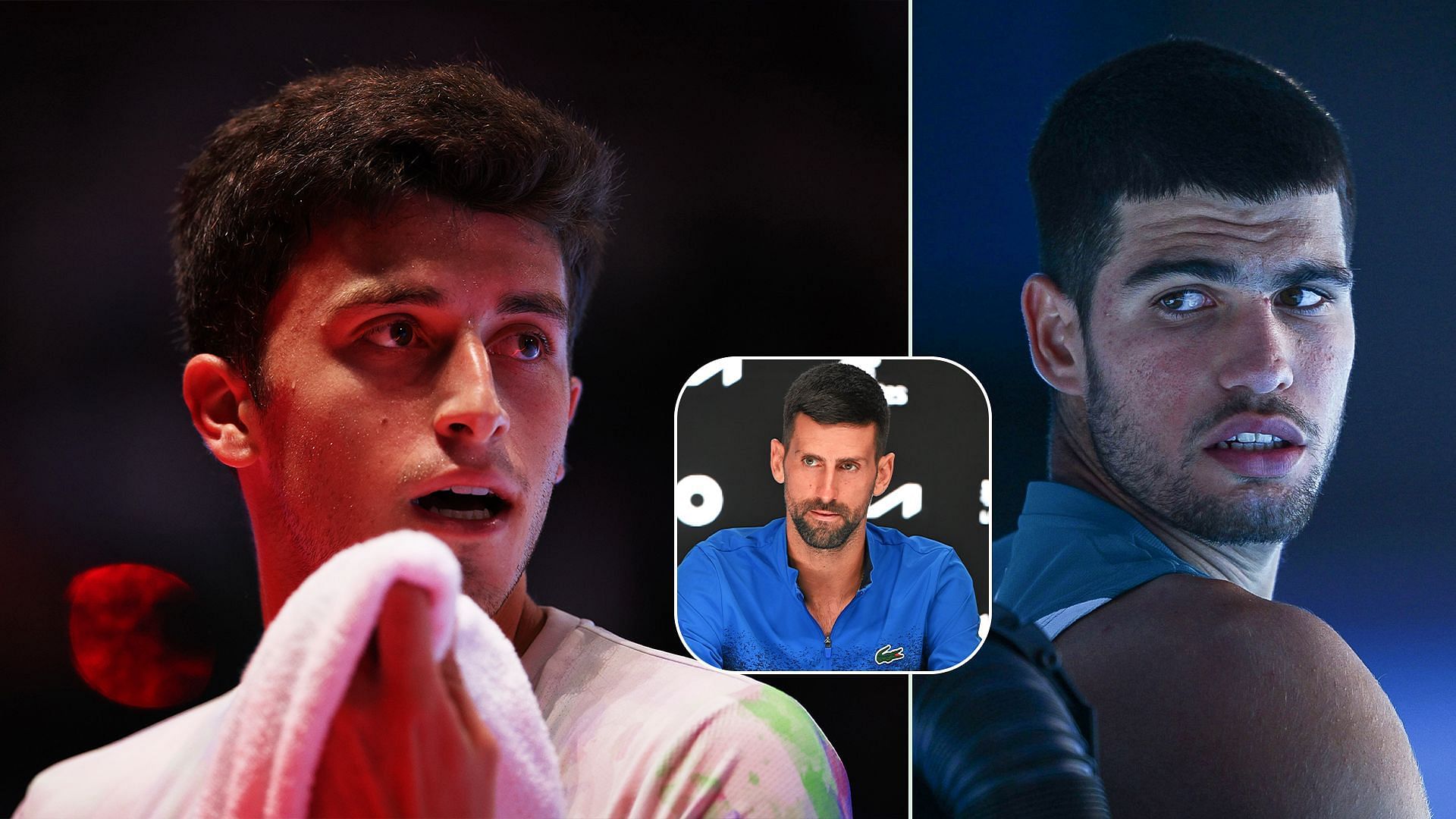 Luca Nardi (L), Carlos Alcaraz (R) and Novak Djokovic (Inset); ( Source - Getty Images)