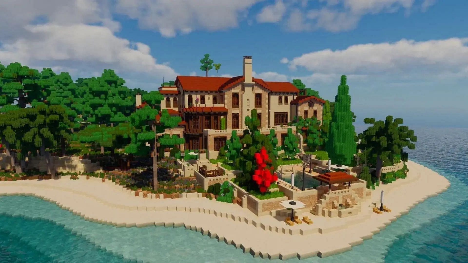 The beach-side villa build in Minecraft has a lot of details (Image via Mojang Studios, Reddit/Wok_Creative)