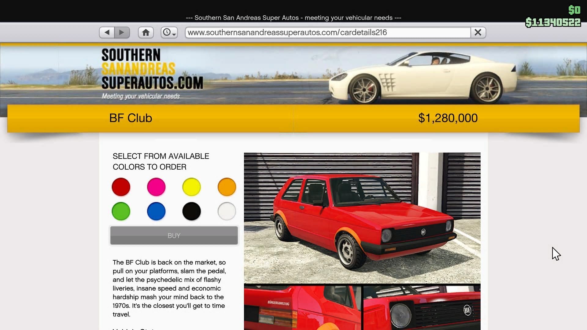 Club&#039;s purchase page on Southern San Andreas Super Autos (Image via Rockstar Games)