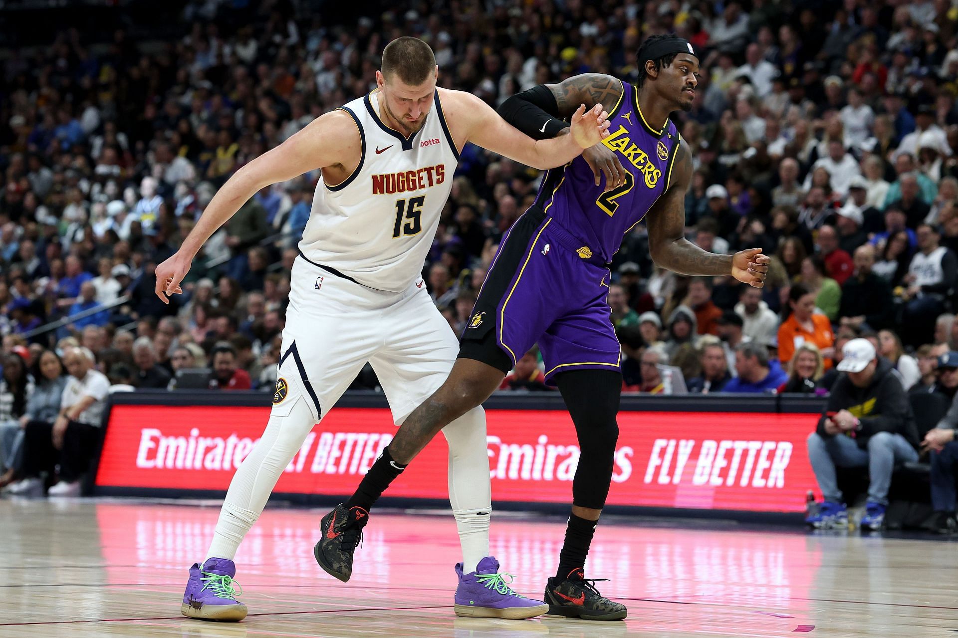 Nikola Jokic being guarded by Jarred Vanderbilt in the recent clash against the Lakers - Source: Getty