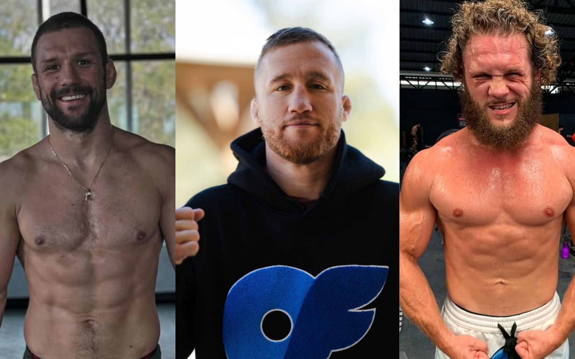 Rafael Fiziev(left) stabs at Mateusz Gamrot (right) for calling himself a stronger contender against Justin Gaethje (middle) [Image courtesy: @mateusz_gamrot, @justin_gaethje and @rafael_ataman_fiziev on Instagram]