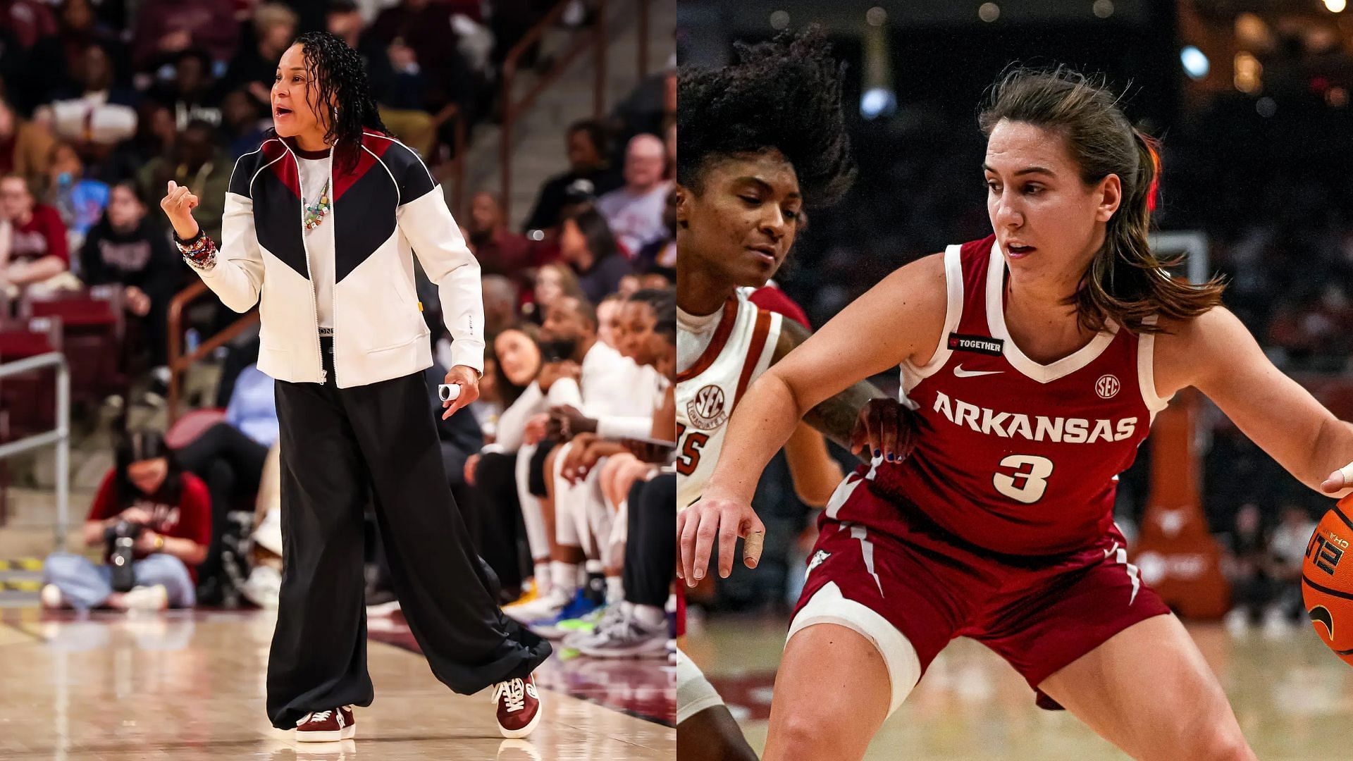 South Carolin HC Dawn Staley, Arkansas senior guard Izzy Higginbottom