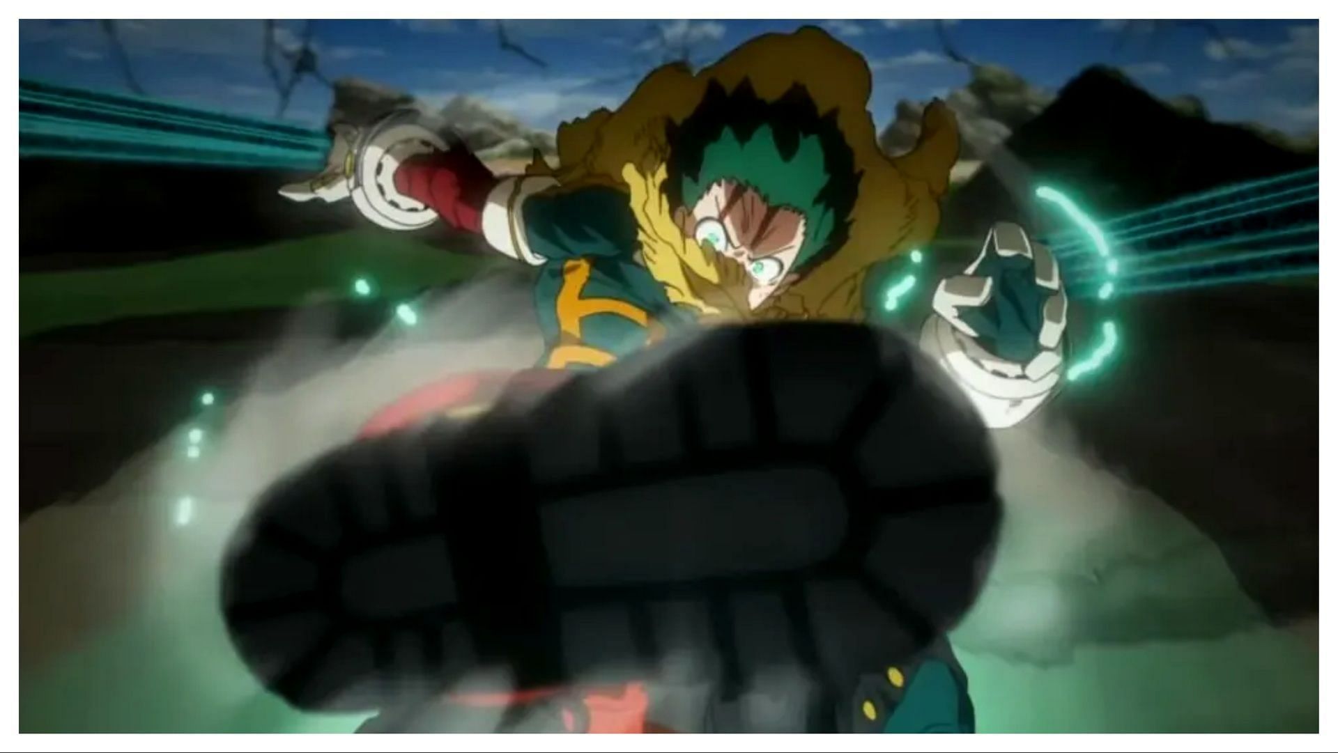 Izuku Midoriya delivering his final smash kick (Image via Studio Bones)